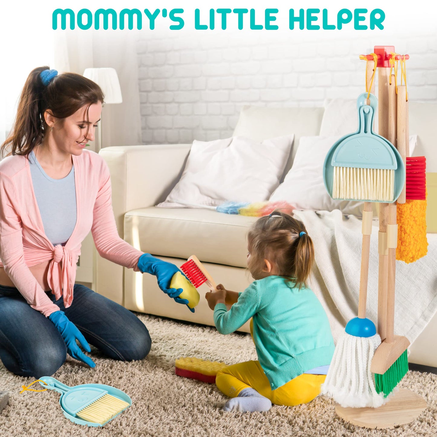HELLOWOOD Kids Cleaning Set, 8 Pcs Wooden Housekeeping Play Set Includes Broom Mop Duster Dustpan Brushes Rag and Organizing Stand, Cleaning Toys Gift for Toddlers Girls Boys Age 3-6, Solid Beech Wood