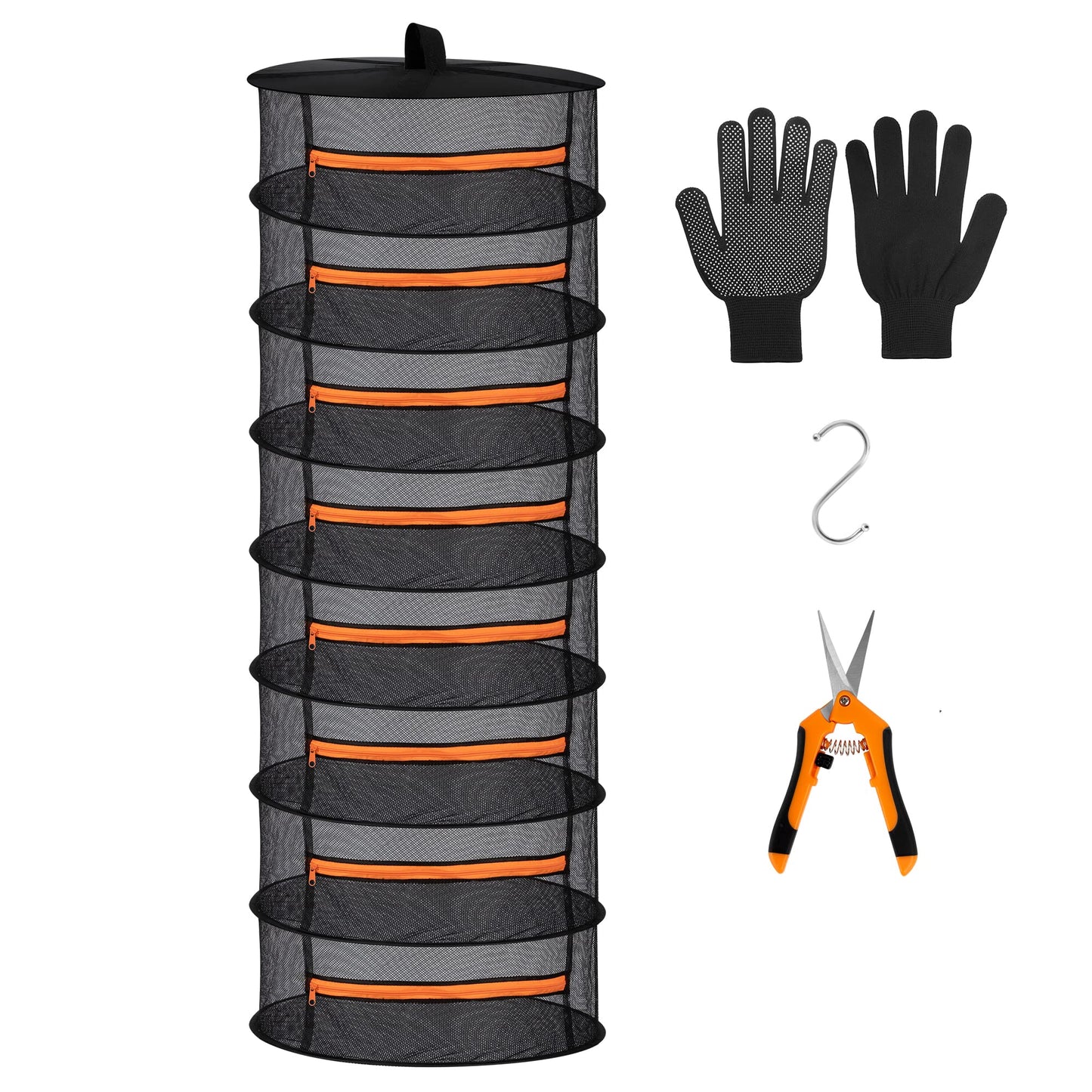 Desy & Feeci 8 Layer Herb Drying Rack- Folding Mesh Hanging Basket Dryer Net with Orange Zippers for Flowers Buds Plants Garden Outdoor Bumper Harvest