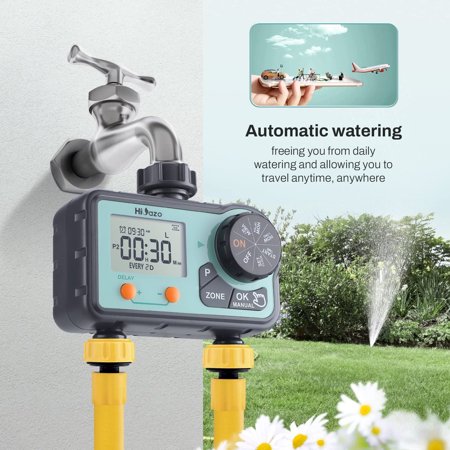 HiOazo Water Timer, Sprinkler Timer Programmable 6 Plans, Water Timer for Garden Hose Auto/Manual/Rain Delay Mode, Irrigation Timer with Daily/Week/Specific Days Cycle for Yard Lawn Pool 2 Zone