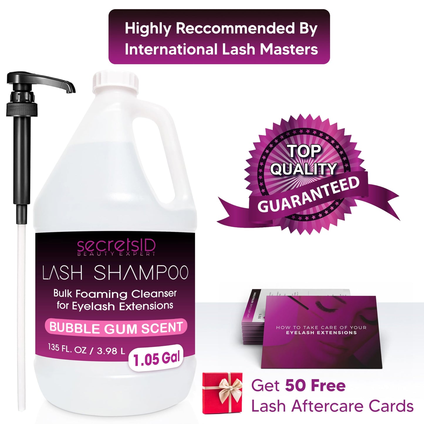 Professional Lash Shampoo for Extensions - 1.05 Gallon Bulk (3.98L) + 50 Aftercare Cards & Pump - Salon-Grade Eyelash Cleanser, Oil-Free, Bubble Gum Scent, Made in CANADA – Lash Wash Concentrate