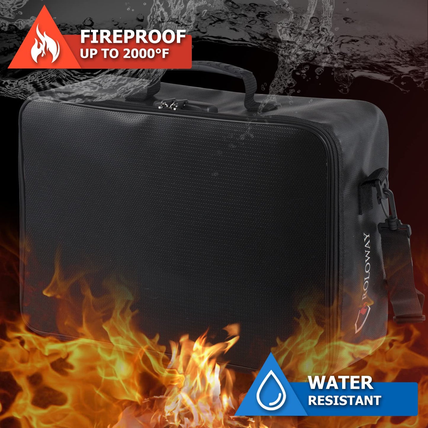 ROLOWAY-Fireproof Document Bag with Lock, Fireproof Document Safe Organizer, Fireproof File Storage Bag, Fireproof Bag with Multi Layer Portable File Organizers for Travel Black