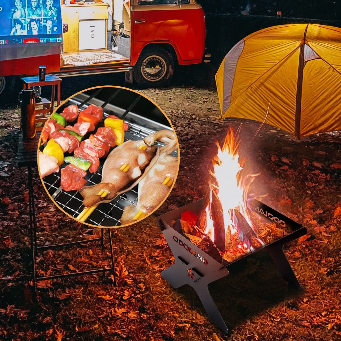 Odoland Camping Fire Pit, Portable Fire Pit for Camping, 2 in 1 Wood Burning Fire Grill with Detachable Cooking Grate for Outside BBQ, with Carry Bag