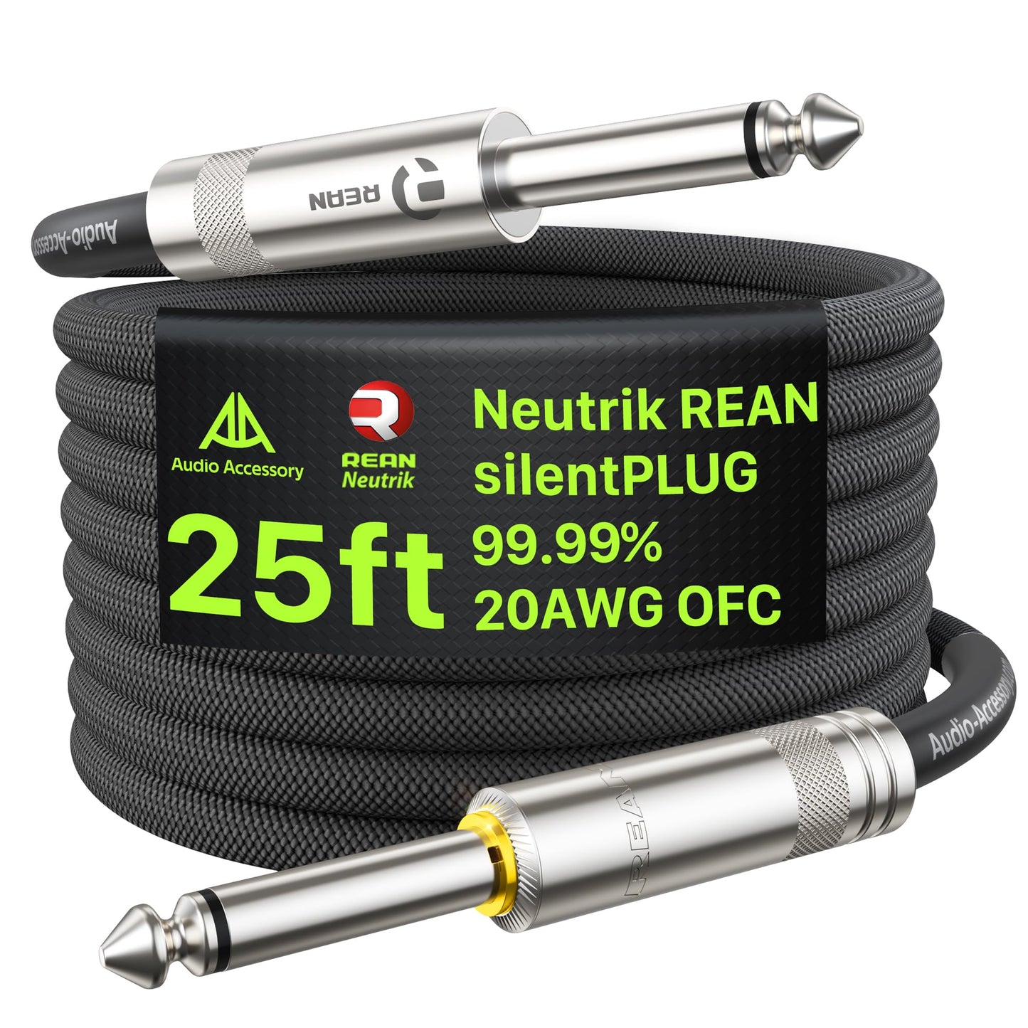 AA AUDIO ACCESSORY Silent Guitar Cable 25 ft, Neutrik REAN silentPLUG, Kevlar-Reinforced Nylon Braided Anti-Kinking, Auto Mute 20 AWG 99.99% OFC 1/4 Instrument Cable, Shielded Amp Cord for Bass Guitar