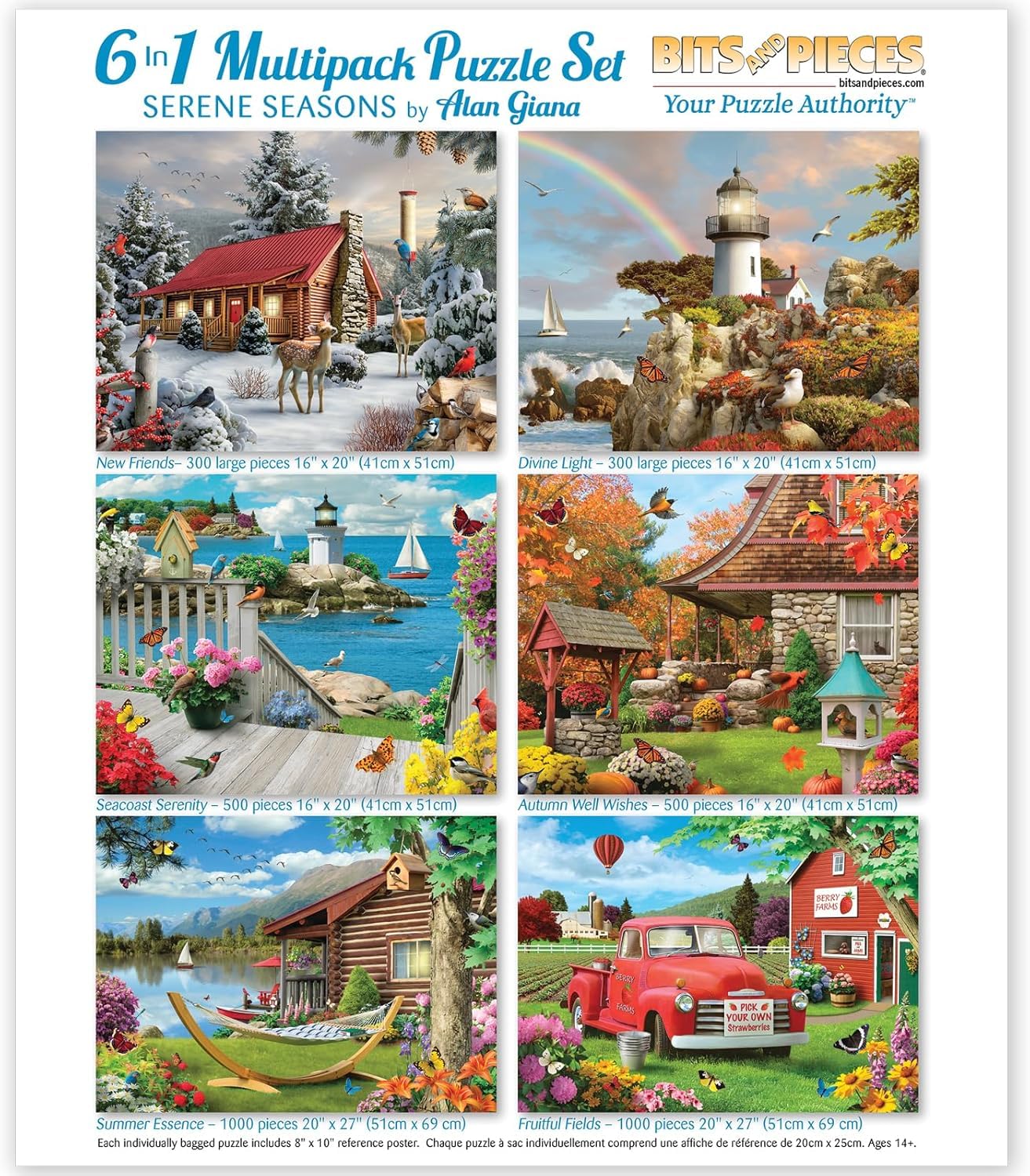 Bits and Pieces - Alan Giana 6-in-1 Multipack Puzzle Set for Adults - Serene Seasons - Two 300, Two 500, & 2 1000 pc Winter Light House Beach Autumn Lake Farm Puzzle Set Jigsaws
