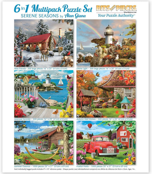 Bits and Pieces - Alan Giana 6-in-1 Multipack Puzzle Set for Adults - Serene Seasons - Two 300, Two 500, & 2 1000 pc Winter Light House Beach Autumn Lake Farm Puzzle Set Jigsaws
