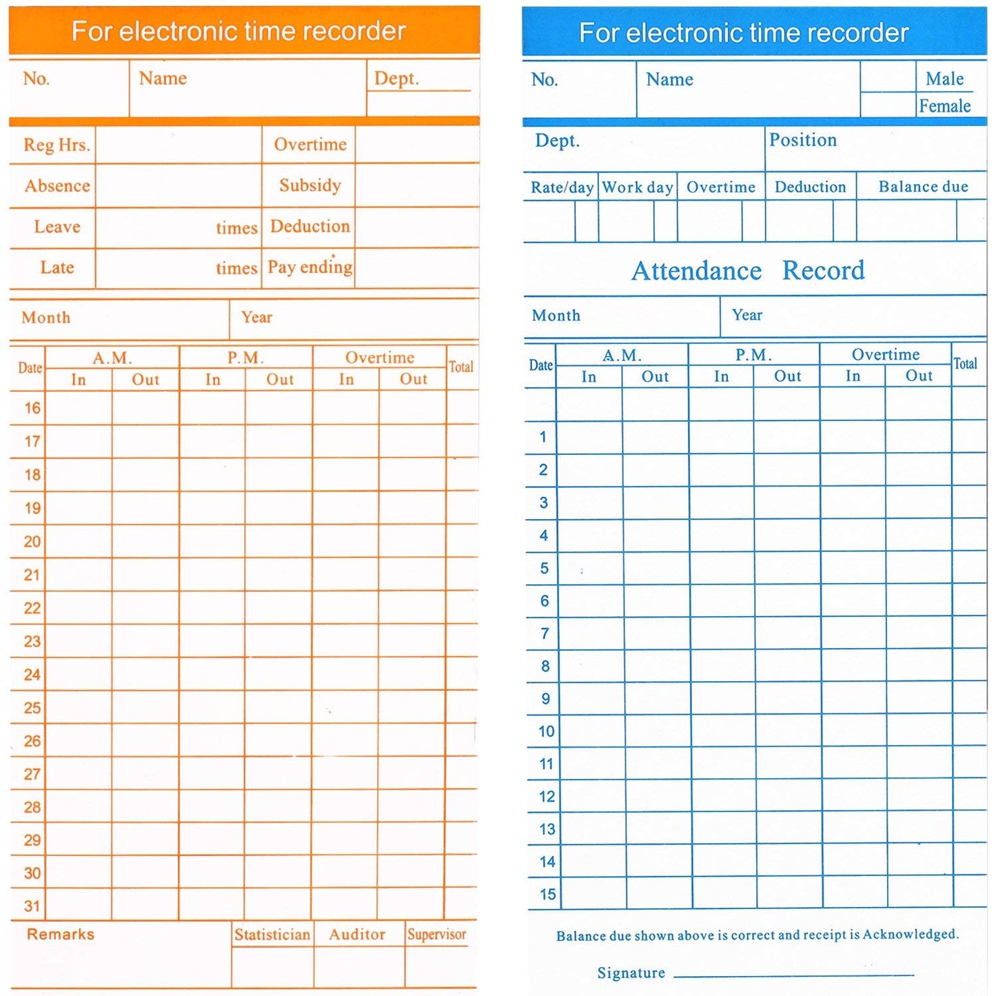 Flexzion Time Cards, Monthly Timesheet, Clock Timecard - 300 Pack, 6 Column 2-Sided Orange/Blue, Card for Time Punch Clock, Employee Attendance, Payroll Recorder, Small Business