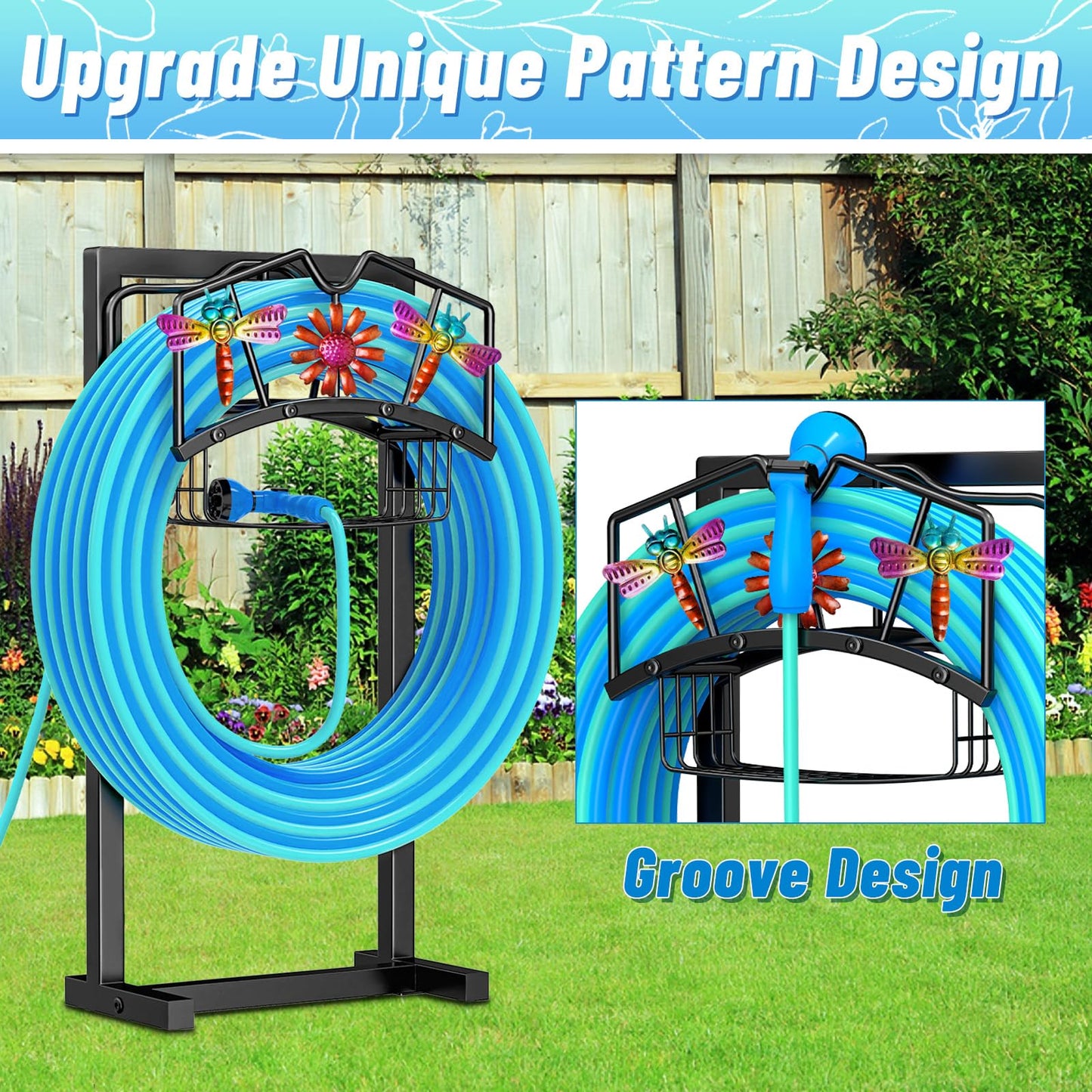 MeyRolizn Garden Hose Holder, Freestanding Water Hose Holder with Storage Basket, Heavy Duty Metal Hose Reels Hanger Stand Organizer with 4 Spikes for Outside Yard Lawn Black