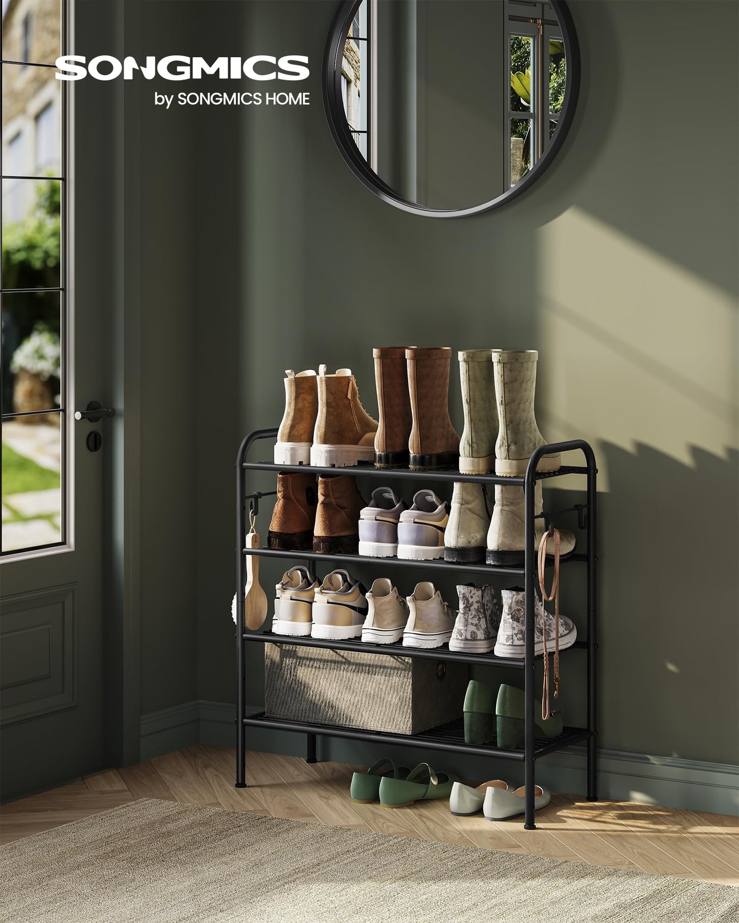SONGMICS Shoe Rack, 4-Tier Shoe Organizer, Metal Shoe Shelf Storage with 4 Side Hooks, Holds 16 Pairs of Shoes, Height-Adjustable Shoe Rack for Entryway, Hallway, Closet, Easy Assembly, Ink Black