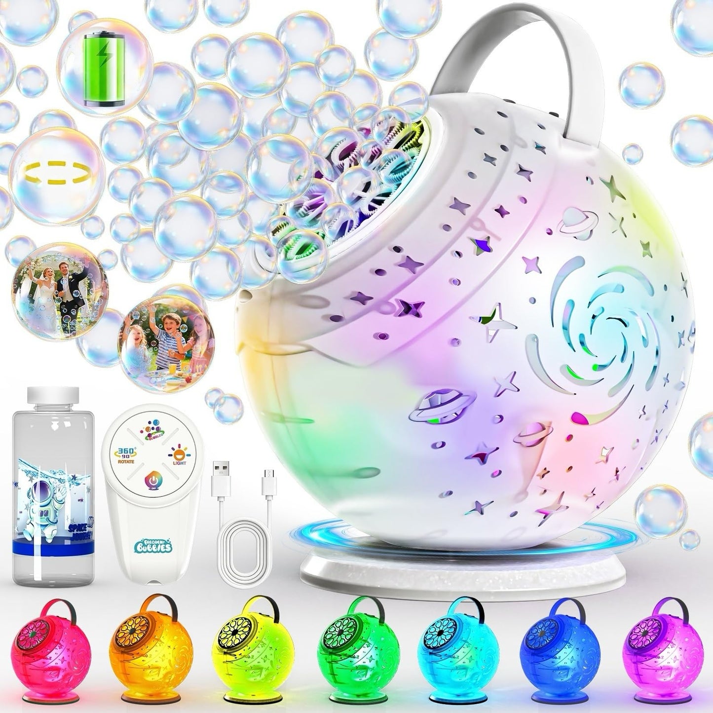 Rechargeable Bubble Machine - Auto 90°/360° Rotation, Remote Control and 7 Colors RGB LED Light, Bubbles Maker Toys for Kids, Bubbles for Wedding Parties, Boys Girls Easter Birthday and Xmas Gift