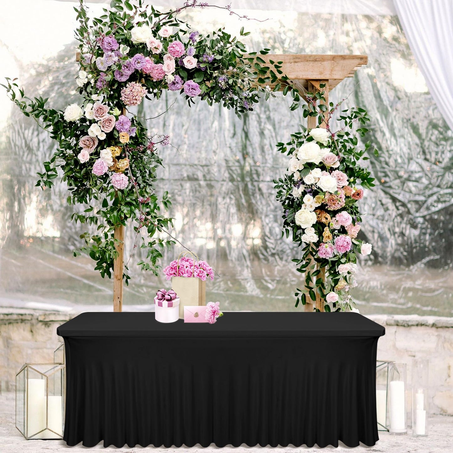 4 Pack 6Ft Black Spandex Table Skirts, Stretch Tablecloth with Skirt Easy to Install One-Piece Wrinkle Resistant Fitted Stretchable Table Skirt for Wedding Party Banquet Trade Show