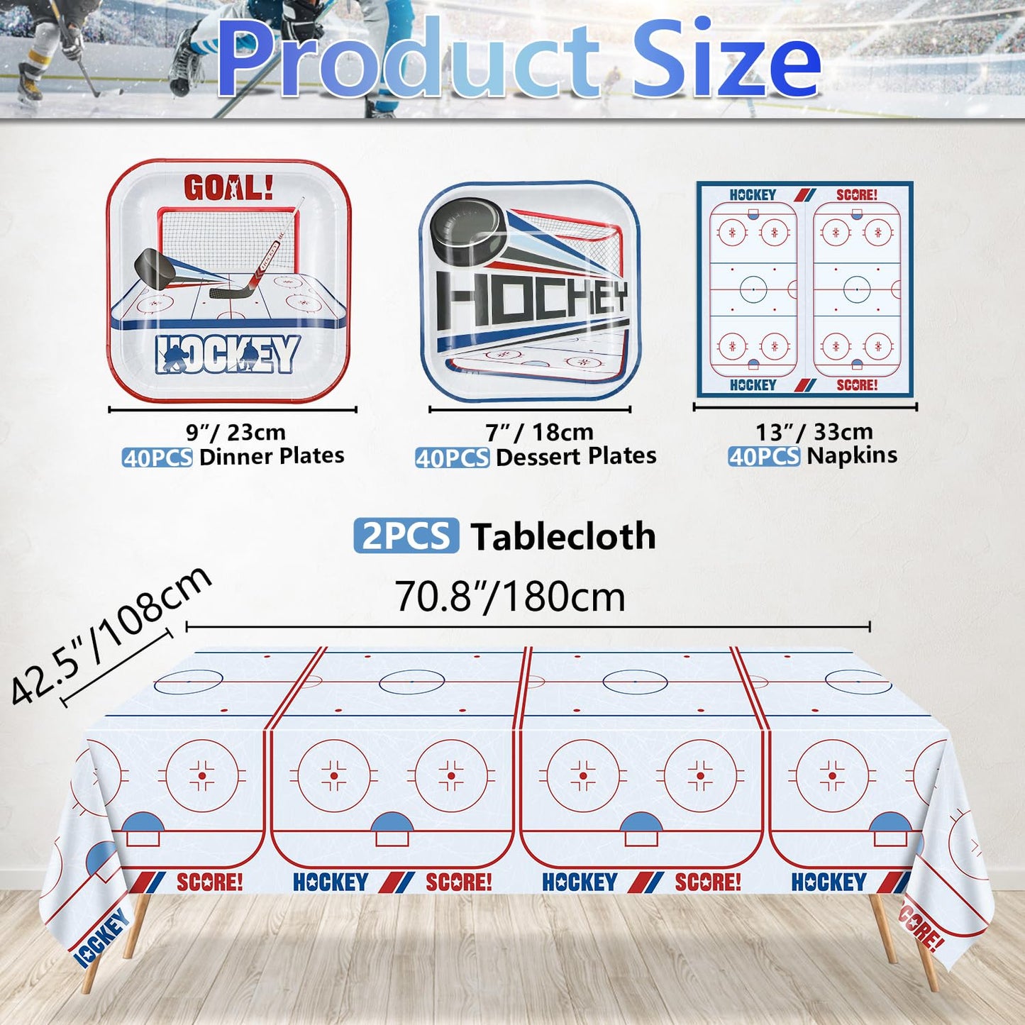 Hockey Birthday Decorations - Ice Hockey Tableware Pack, Disposable Hockey Theme Plates, Napkins, Tablecloth for Kids Fans Sports Hockey Birthday Party Supplies, Serve 40