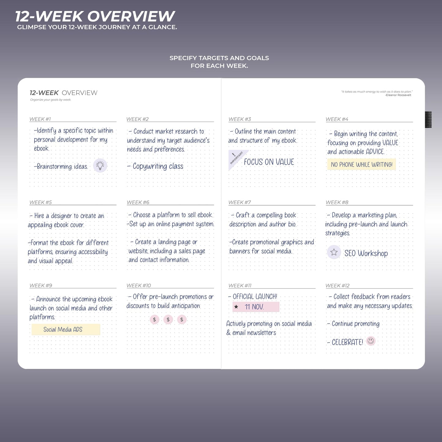12 Week Focus Planner: High Performance Project Planner - Stay Focused and Achieve your Goals - Weekly and Daily Pages with Scientifically Proven Prompts - Undated, 7x10inch Black Hardcover