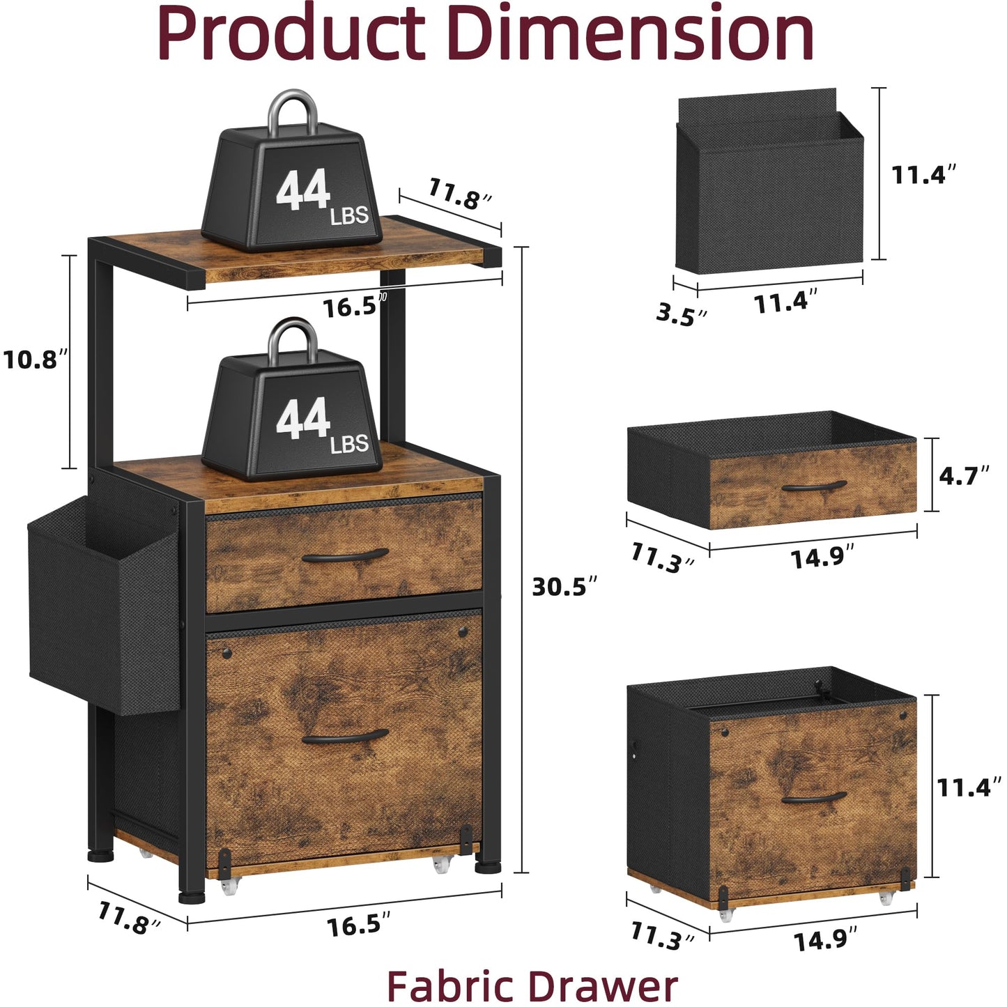 HIGDBFE Filing Cabinet with 2-Tier Printer Shelves, 2 Fabric Drawers File Cabinet with Reversible Side Bag&File Drawer, Printer Stand with Storage for Home Office, Rustic Brown, 16.5" W