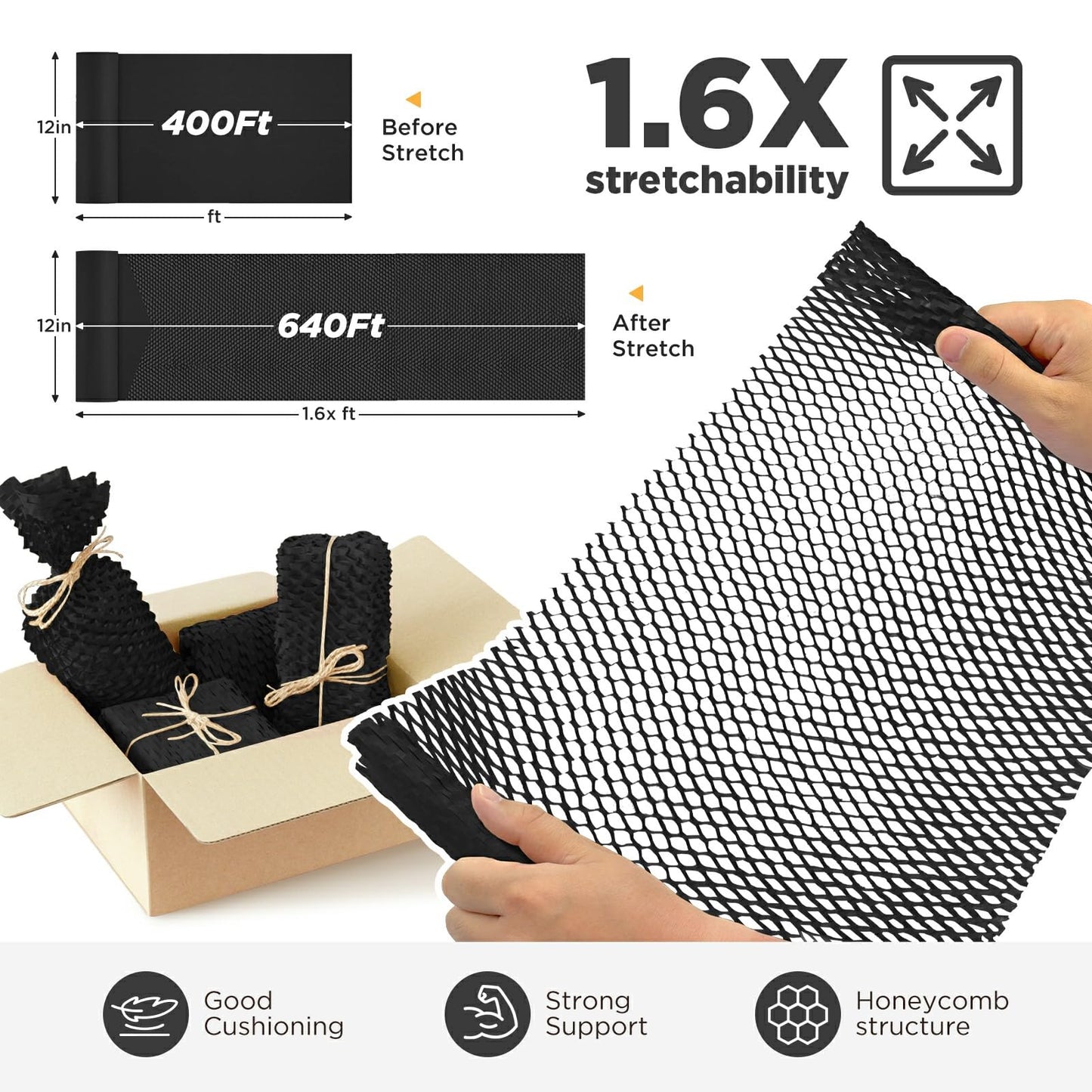 Honeycomb Packing Paper,12" W x 400' L Bubble Cushioning Wrap for Moving,Products & Gifts Wrapping Paper,Recyclable and Biodegradable Cushioning Packing Material with 36 Fragile Sticker Labels(Black)