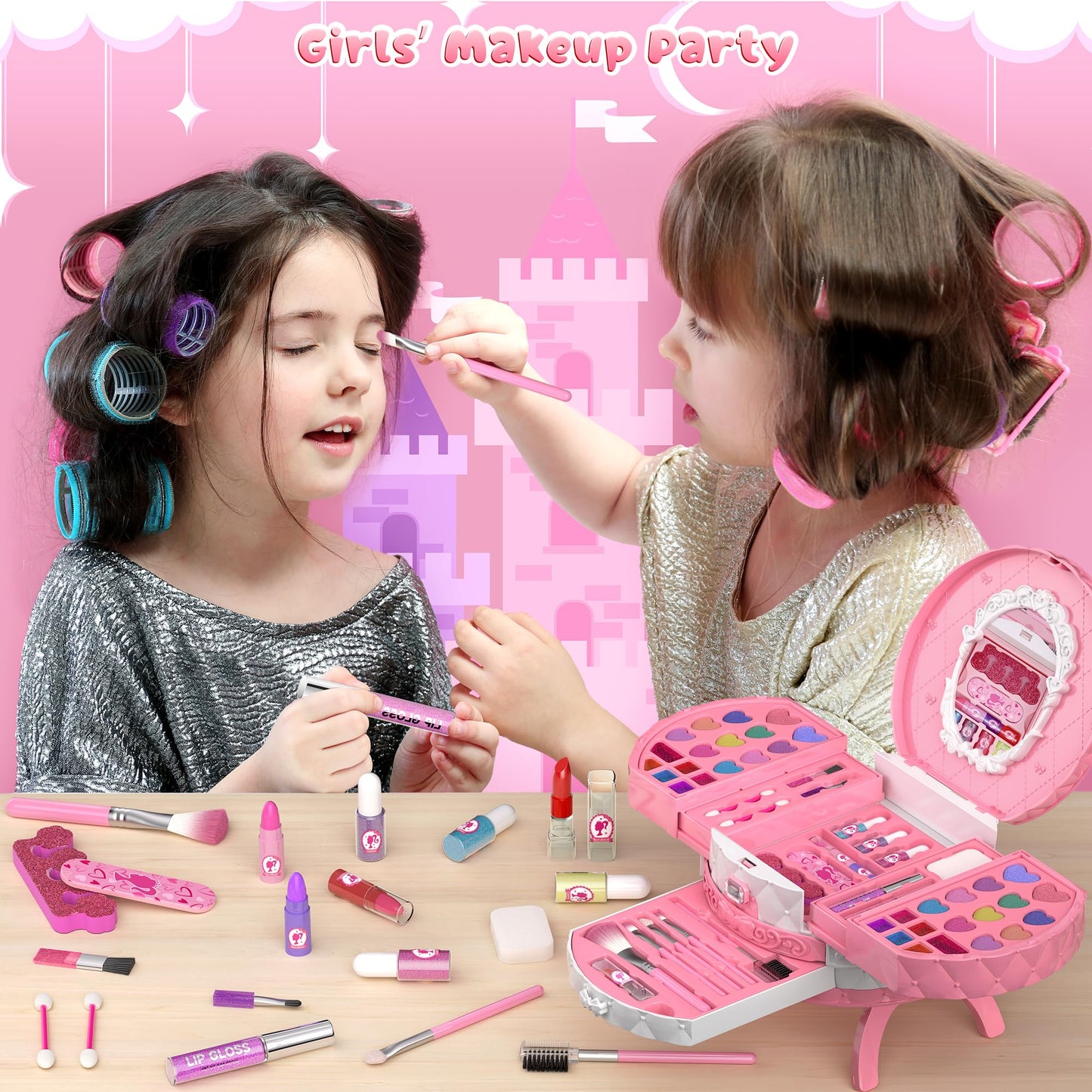 PERRYHOME Kids Makeup Kits for Girls,57 Pcs Kids Makeup Sets for Girls 3-12,Non-Toxic Washable Real Cosmetic Set,Birthday Gift Princess Toys (Fairy Floss Pink)