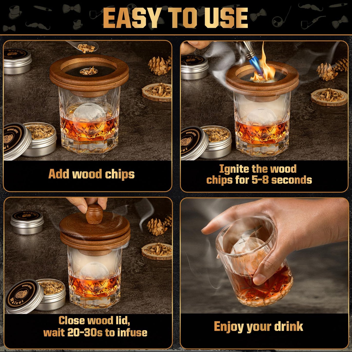 Whiskey Smoker Kit with Torch- 6 Wood Chip Flavors, 4 stainless steel ice cubes - Cocktail Smoker Infuser Kit for Bourbon & Old Fashioned, Birthday Whiskey Gifts for Men, Dad(Without Butane)