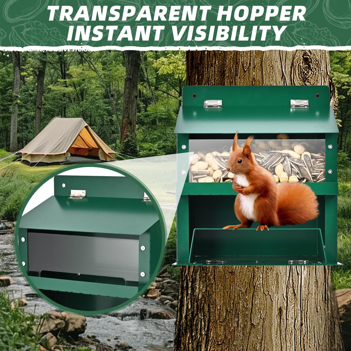 Squirrel Feeders for Outside, Metal Squirrel Feeder with Flip Lid, Large Transparent Bin, Outdoor Hanging Squirrel Feeder for Squirrel, Chipmunks, Wildlife, Great Gift for Mom & Nature Lovers