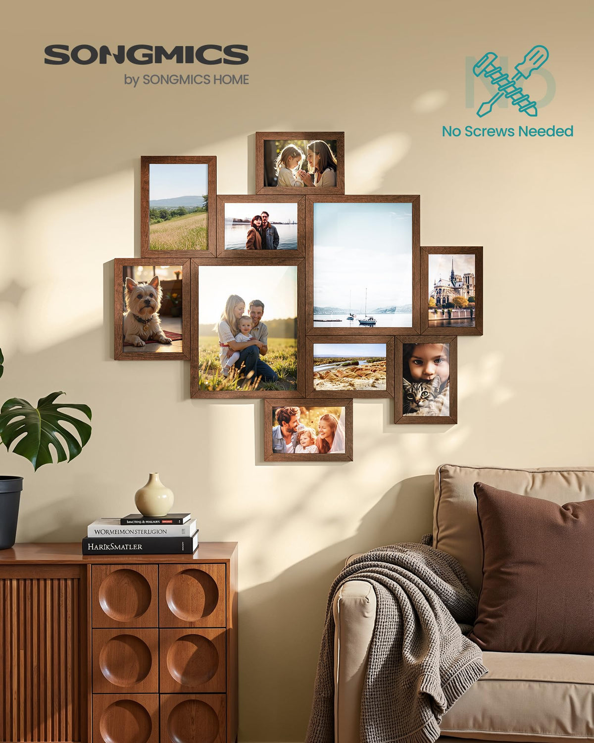 SONGMICS Picture Frames, Collage Photo Frames Set of 10, Two 8x10, Four 5x7, Four 4x6, Wall Gallery or Table Display, Tool-Free Assembly, Rustic Brown URPF100MZ01