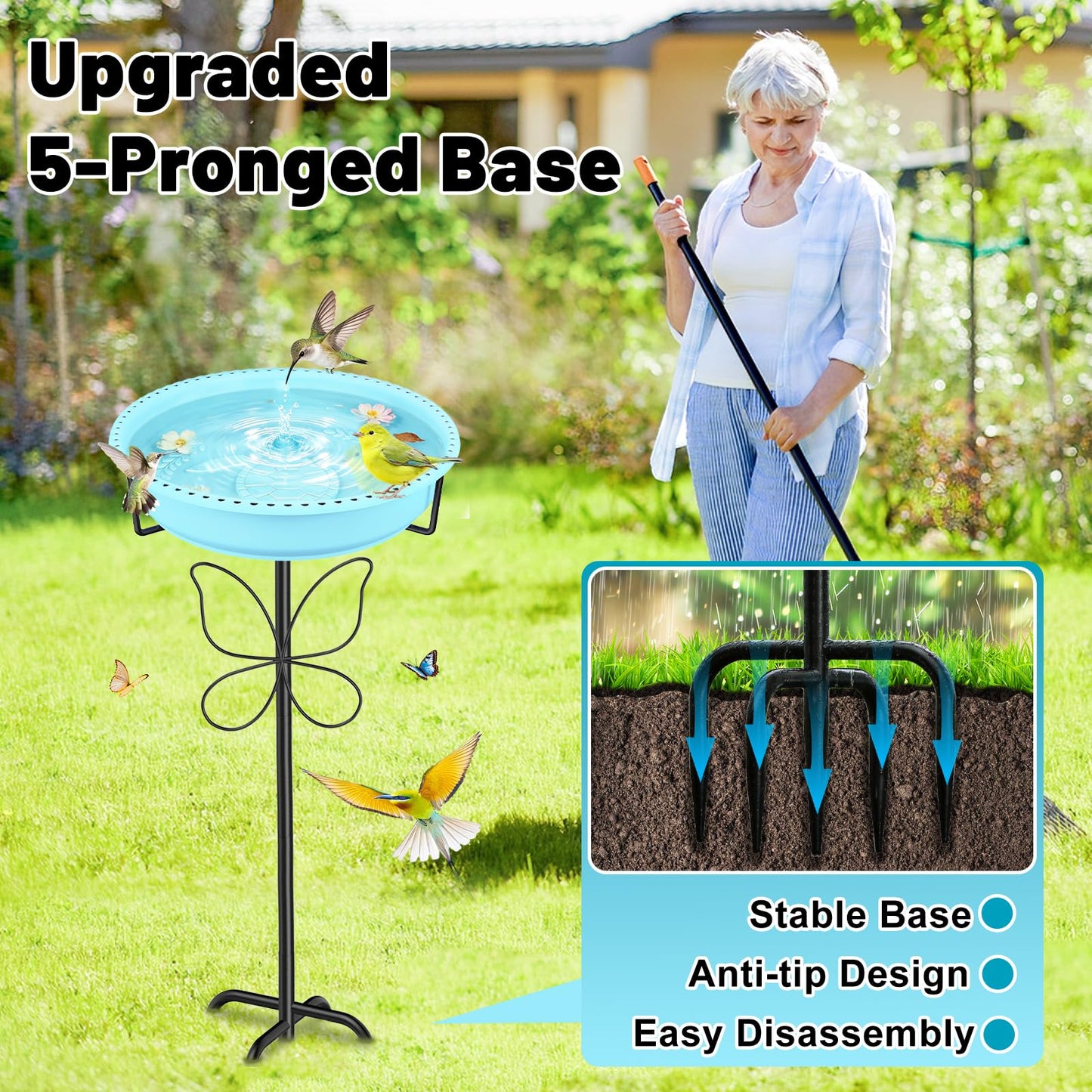 YOADEHOA 37In Bird Bath for Outside, 2-in-1 Birdbath & Birdfeeder with Detachable Plastic Bowl, Metal Butterfly Stake & Sturdy 5-Pronged Base for Outdoor Garden Yard Decor (Blue)