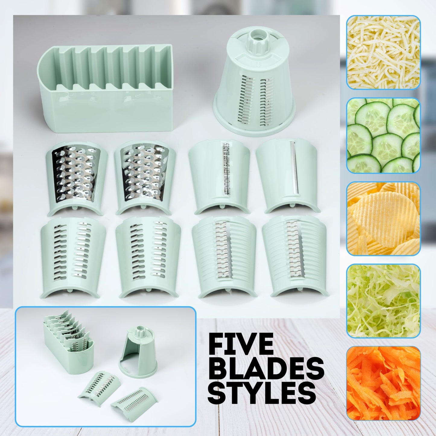 Rotary Cheese Grater 5-in-1 with Handle – Vegetable Slicer, Shredder, Carrot Grater, Nut Grinder & Chocolate Shaver, Durable Stainless Steel Blades (Light Green)