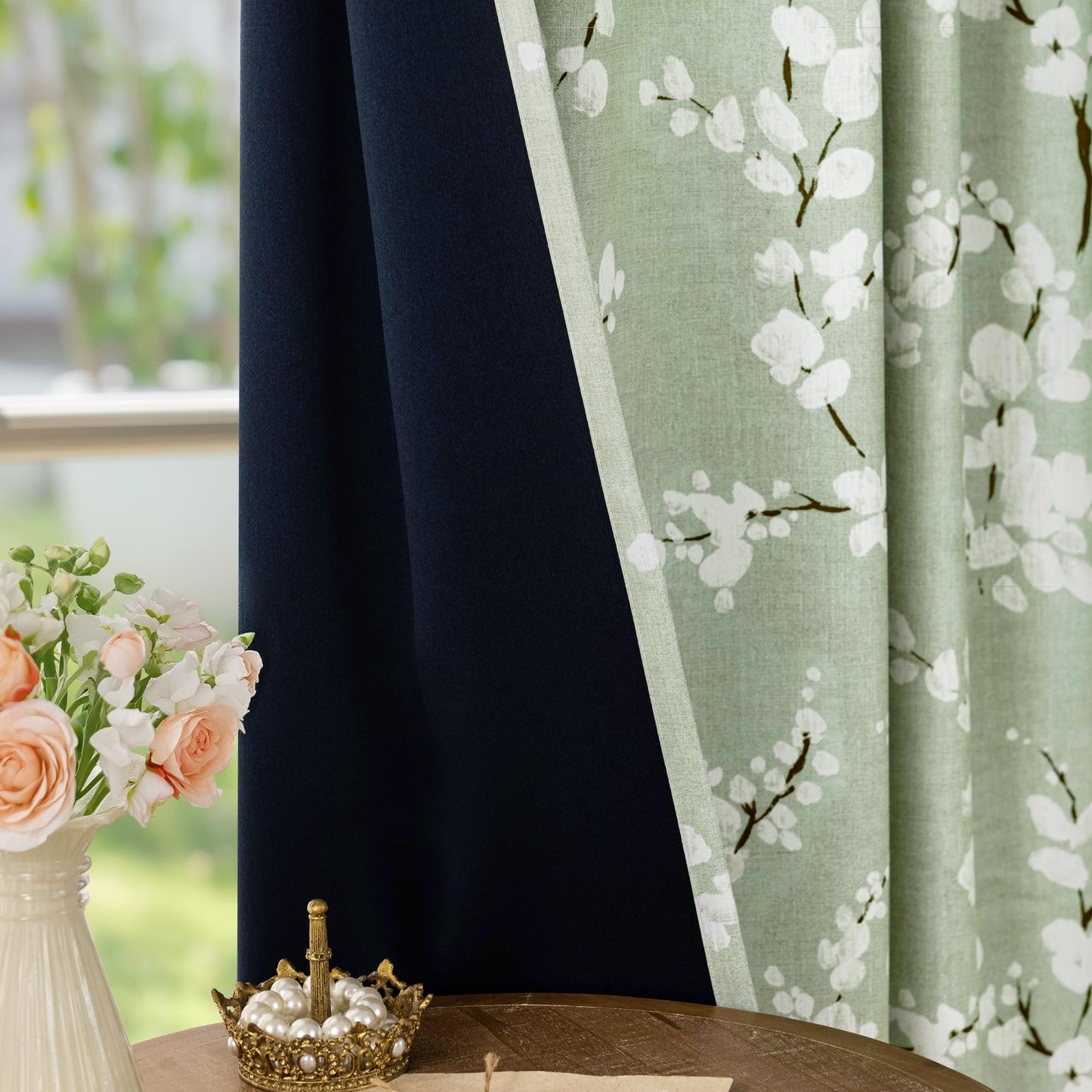 FMFUNCTEX 100% Blackout Curtains 84 Inch Long for Living Room Green and White Floral Blossom Print Curtains Farmhouse Thermal Insulated Drapes for Bedroom Grommet Window Curtains 2 Panels Sage Green
