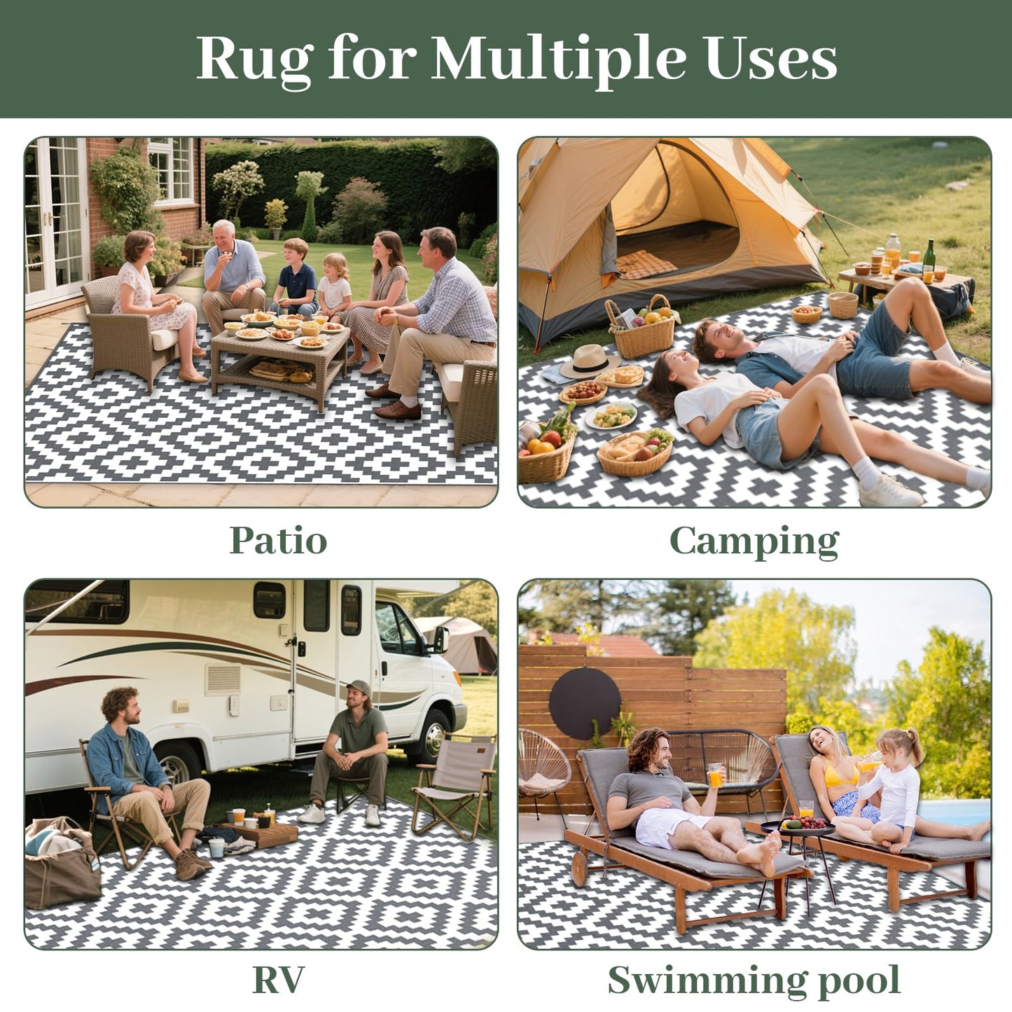 Mokani Reversible Large Outdoor Rug 8x10ft Waterproof, Geometric Anti-Slip Plastic Straw Outdoor Carpet Mat, UV Resistant Patio Rugs for Garden, RV, Deck, Camping, Picnic