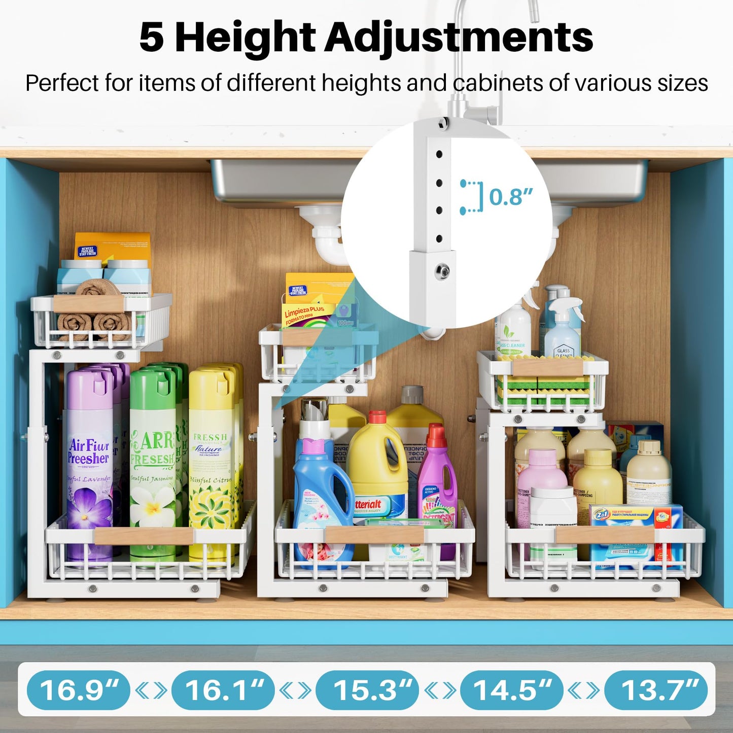 Jusdyrack 2 Packs Under Sink Organizer,Small Shelf for narrow spaces,2 Tiers Pull Out Under Cabinet Organizer,Adjustable Height,Slide Out Thickened Metal Under,White