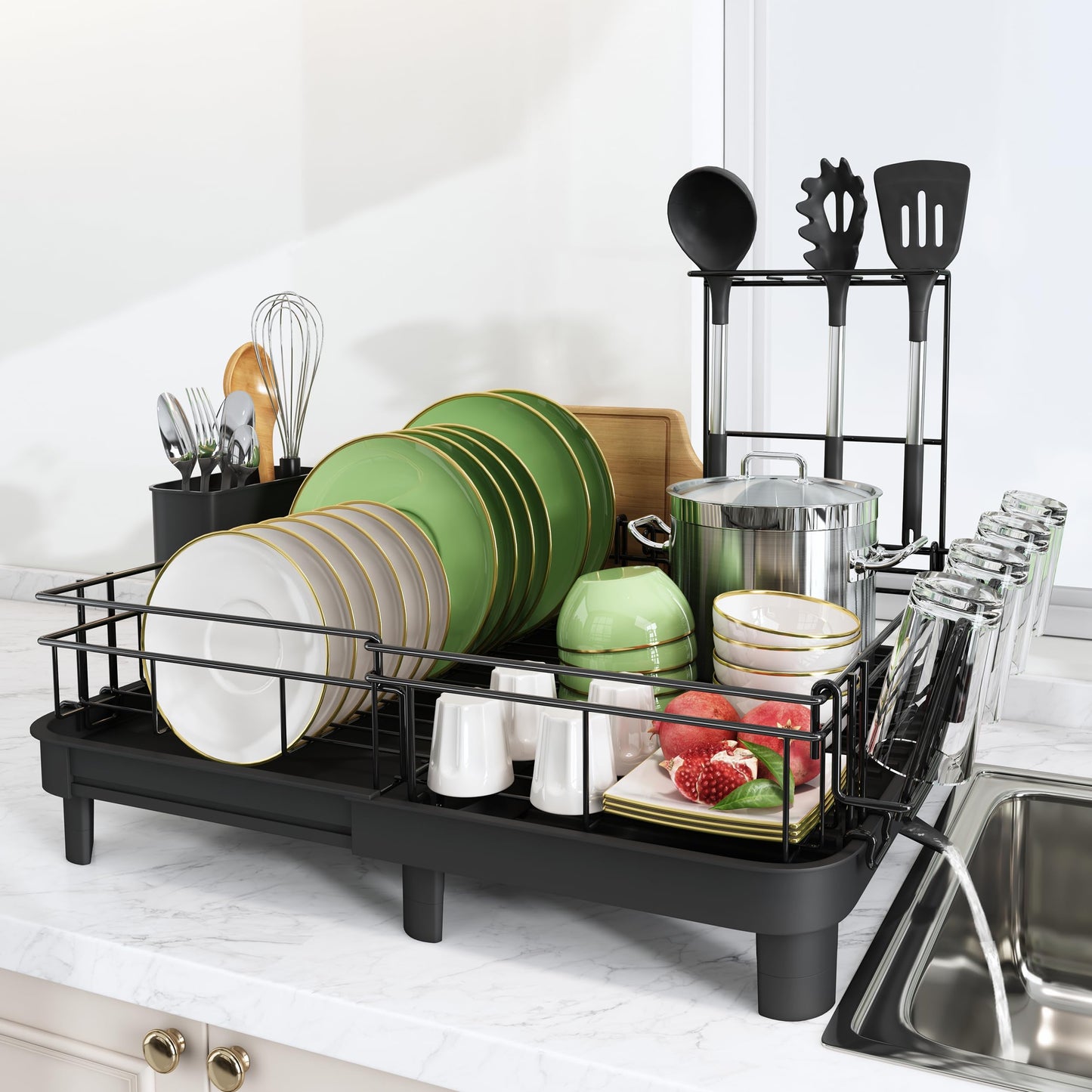 MAJALiS Extendable Dish Drying Rack - Dual Part Dish Racks with Drain Board, Adjustable Large Dish Drainer with Utensil Holder, Spatula Holder and Cutting Board Holder, X-Large 32.5-52 cm, Black