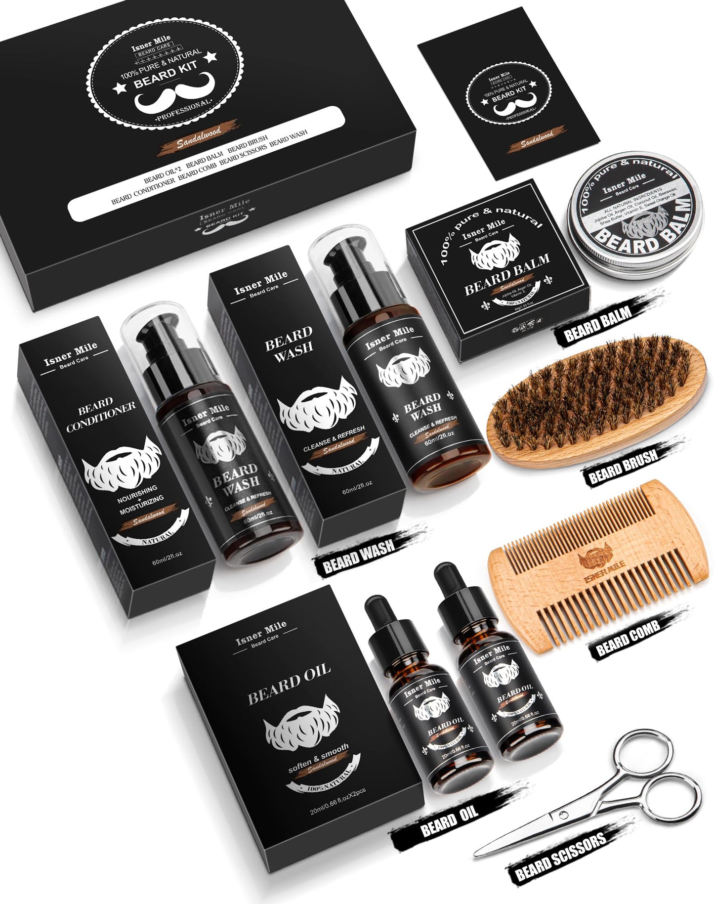 Beard Grooming Kit for Men, Gifts for Him Dad Fathers Man Boyfriend with Shampoo Wash, Conditioner, Care Oil, Balm Softener, Double-sided Comb, Bristle Brush and Trimming Scissors