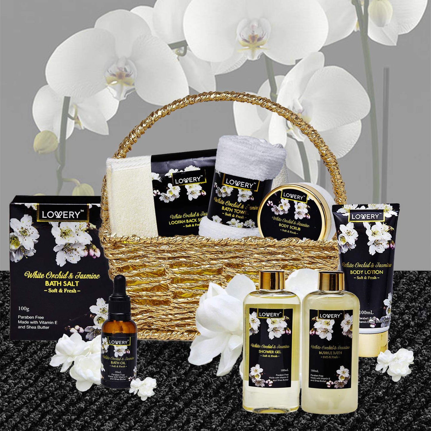 Bath and Body Gift Basket for Women – Orchid and Jasmine Home Spa Set With Body Scrubs, Oils and Gels - 9 Piece Set