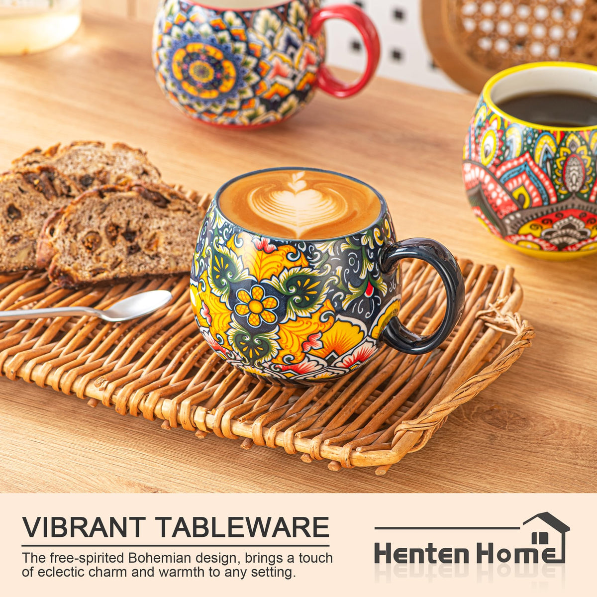 Henten Home Porcelain Latte Mug Set of 6, 20 oz Colorful Coffee Cup with Handle, Boho Ceramci Mug for Cappuccino, Milk, Tea, Hot Chocolate, Cocoa, Microwave & Dishwasher Safe