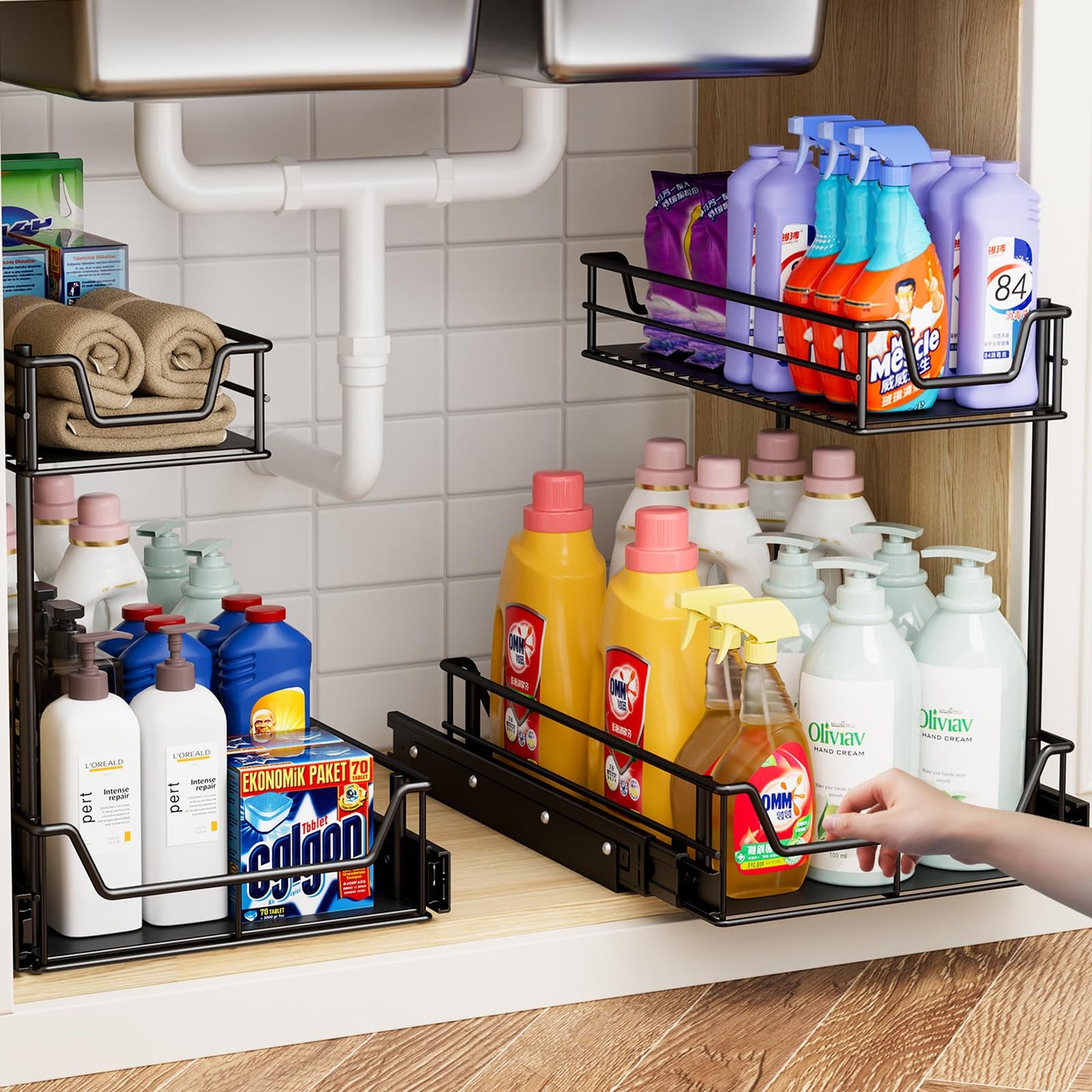 Under Sink Organizer 2 Pack, 2-Tier Heavy Duty Silent Pull-Out Under Sink Organizers and Storage, Rustproof Full Extension Under Sink Storage for Kitchen, Bathroom, Cabinet