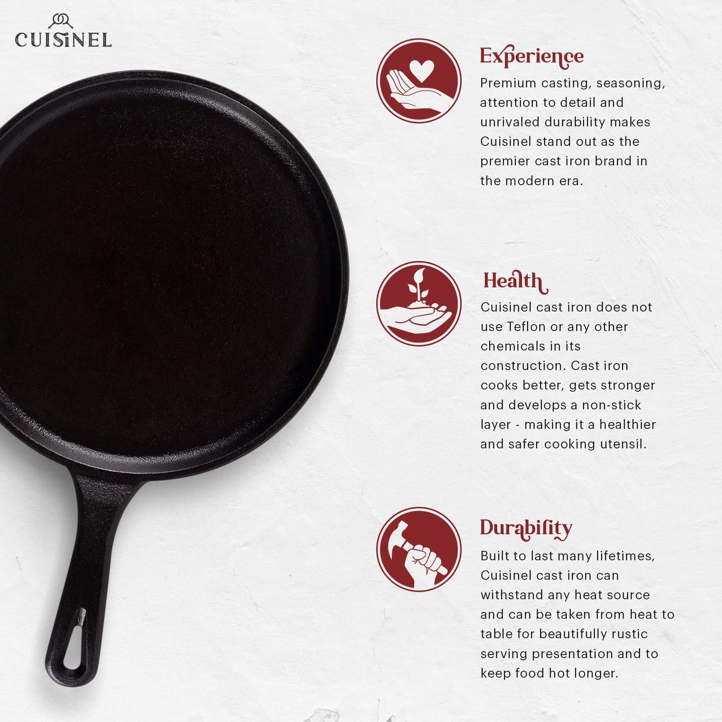Cast Iron Round Griddle – 10.5” Crepe Pan - Pre-Seasoned Skillet with Silicone Handle Grip – Grill, Oven, Stove Top and Induction Safe