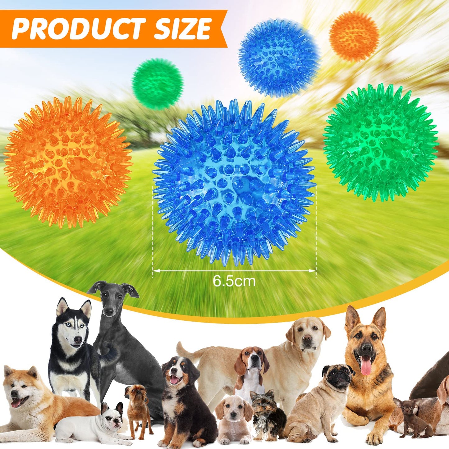 24 Pack Squeaky Dog Toys Balls 2.56'' Spiky Dog Balls Floating Pool TPR Puppy Fetch Chew Toy for Small Medium Doggy Aggressive Chewers Clean Teeth Training(Blue, Green, Orange)