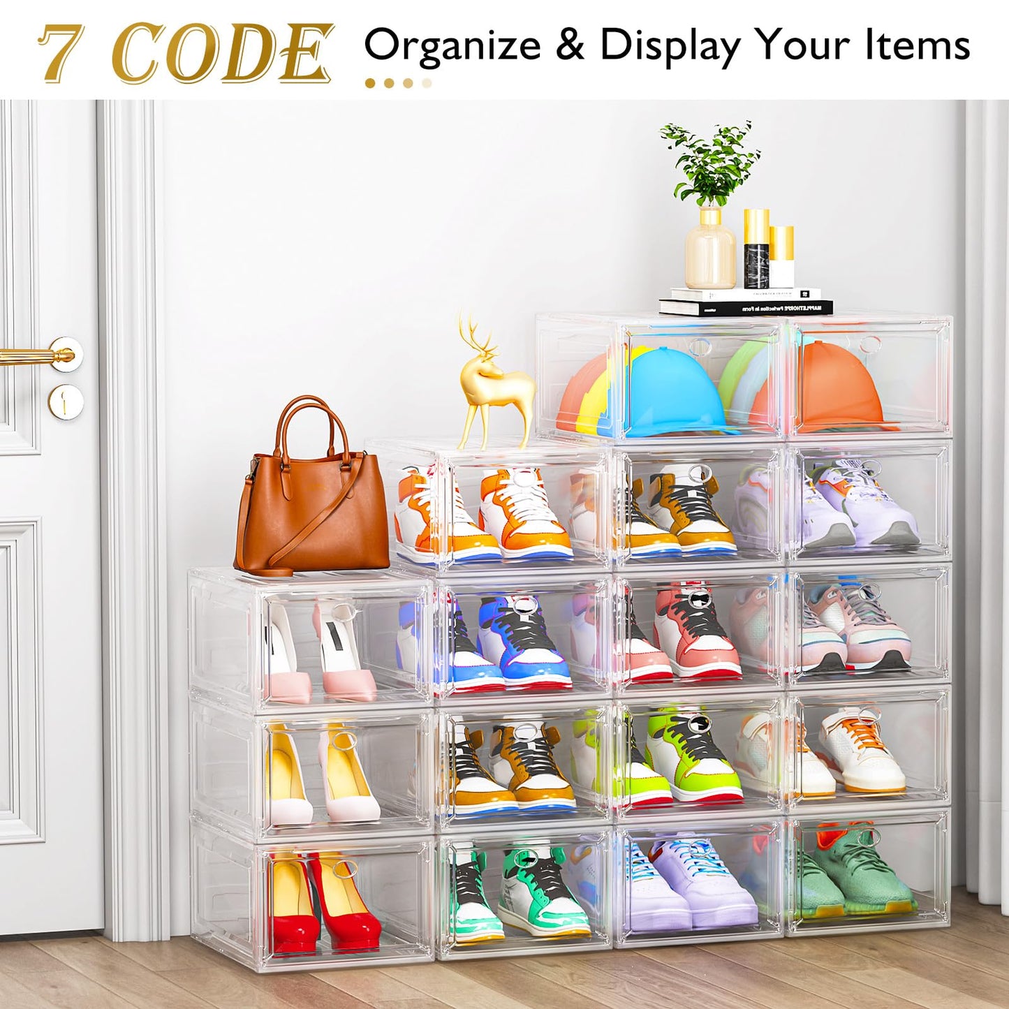 Large Clear Shoe Boxes Organizer [Thicker Material] Stronger Shoe Box with Magnetic Door, Stackable Shoe Storage Box for Closet, Foldable Space-Saving Storage Bins Shoe Cabinet, Clear White, 9-Pack