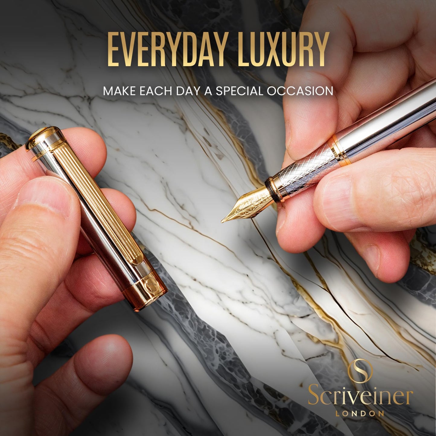 Scriveiner Silver Chrome Fountain Pen – Luxury Pen with Precision German Schmidt Medium Nib, Gold Plated Detailing, Balanced Construction, Effortlessly Smooth Executive Writing Gift Set