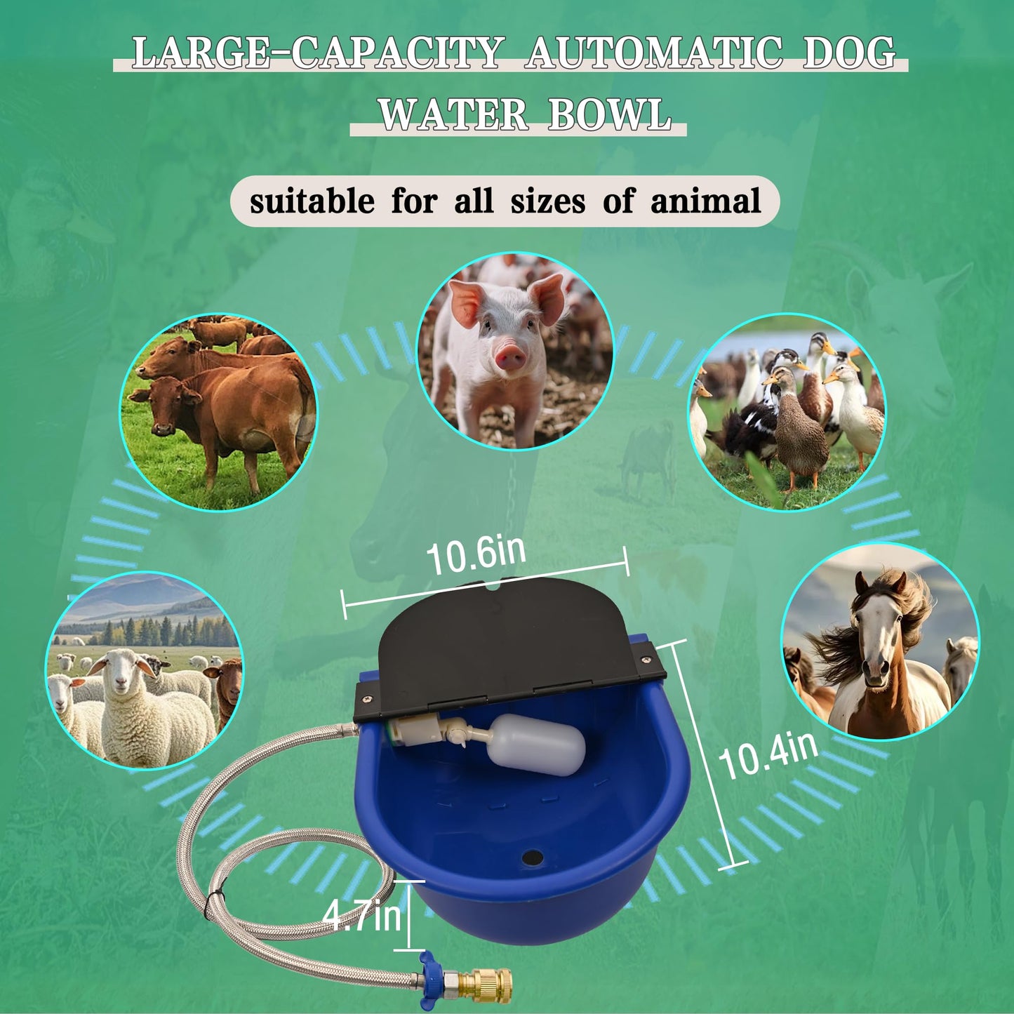 Boajf Automatic Water Dispenser for Dogs, with Drainage System & Auto Fill, 1 Gallon Plastic Outdoor Pet Waterer, Includes Drain Valve, Float Valve, Hose Quick Connector, for Horse, Chicken (Blue)