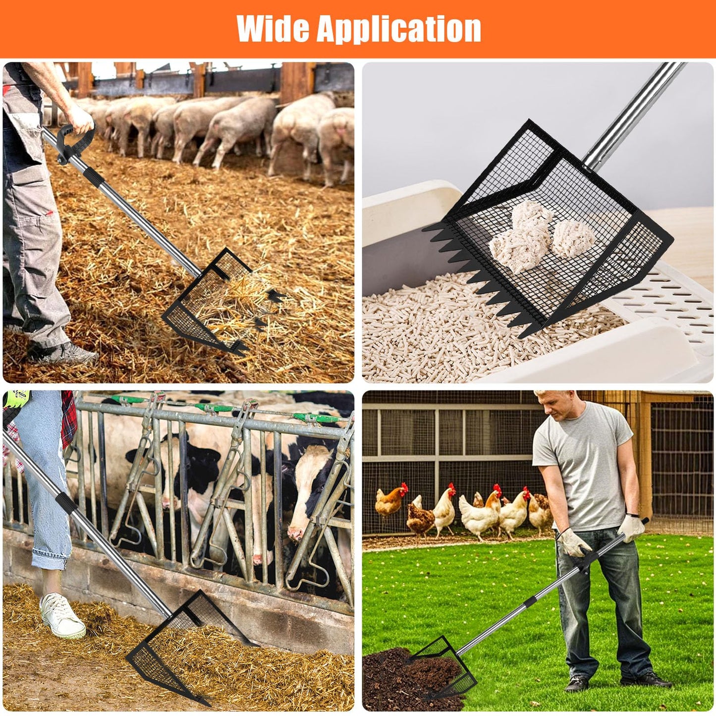 Chicken Poop Scooper and Rake with Ergonomic Handle, 2 in 1 Large Metal Chicken Coop Scoop for Poop with Adjustable Stainless Steel Pole, Sand Sifting Shovel for Chicken Coop Accessories