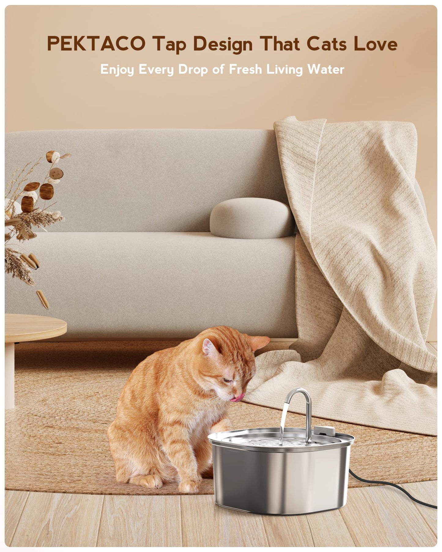 PEKTACO Cat Water Fountain - Automatic Pet Water Fountain Dog Water Dispenser Replacement Filters, 3.2L/108oz Stainless Steel Water Fountain for Cats Inside