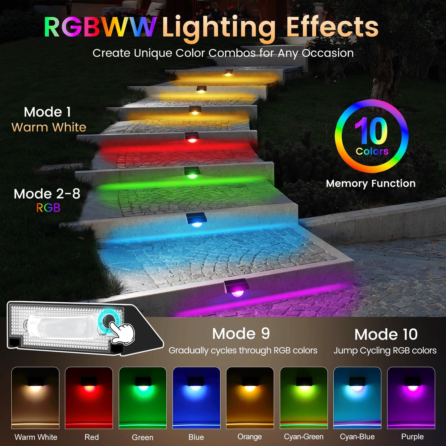 Quntis RGBWW Solar Step Lights 8-Pack, Upgrade 1-Light Covers 1-Step, IP65 Waterproof Solar Stair Lights, 10 Color Mode Solar Light Outdoor for Fence, Deck Patio Garden Stair, Porch, Railing, Sidewalk