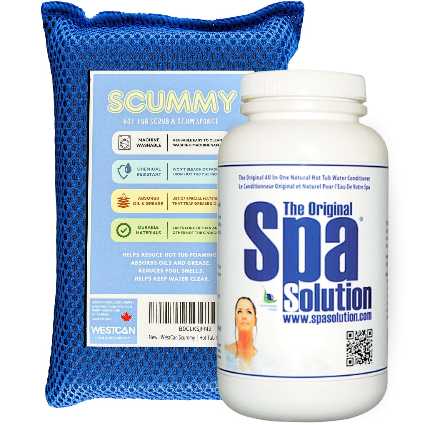 Spa Solution Bottle & Free SCUMMY Scum Sponge | All Natural Enzyme Based | Non-Toxic, Non-Allergenic | Environmentally Friendly | Use Less Chemicals | Hot Tub Water Conditioner