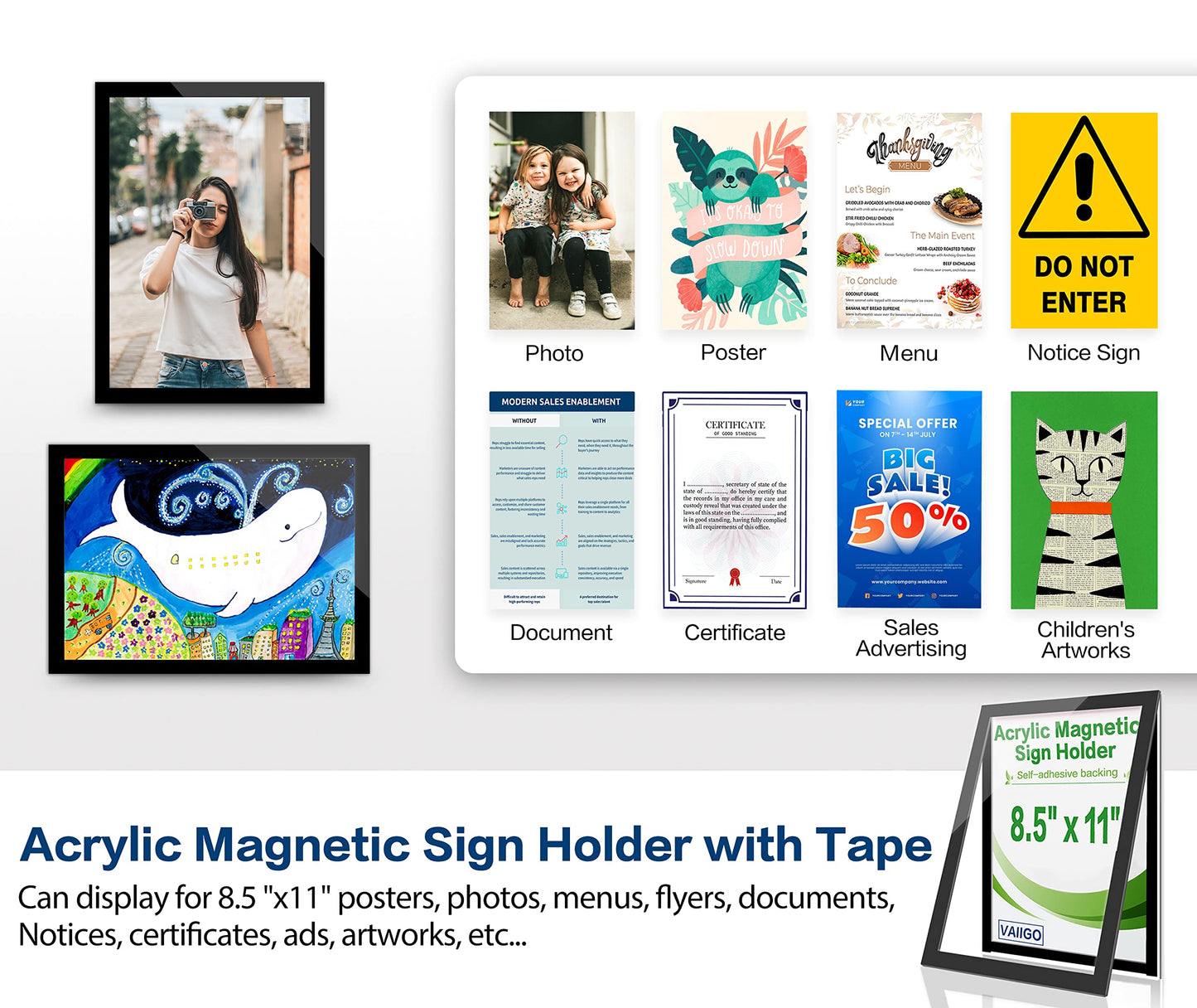 VAIIGO Acrylic Sign Holder 8.5" x 11", 10 Pack Magnetic Wall Mount Sign Holder with Tape Adhesive and Strong Magnetic Border, Acrylic Picture Display Frames for Wall, Door, Glass, Home, Store, Office