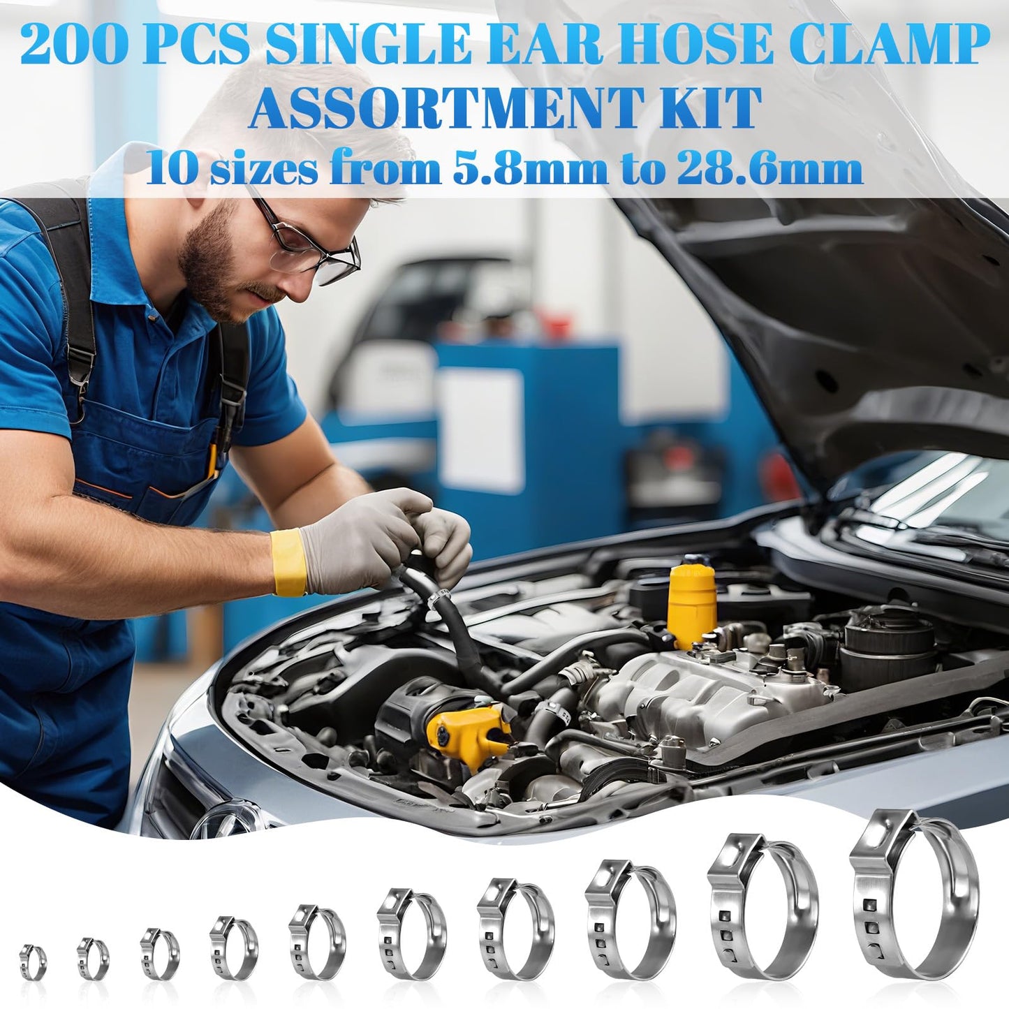 Supkiir 200 Pcs Single Ear Hose Clamps 5.8-28.6mm, 304 Stainless Steel Stepless Hose Clamp Clips, Pincer Cinch Rings Pex Crimp Rings Assortment Kit for Water Pipe, Plumbing, Automotive