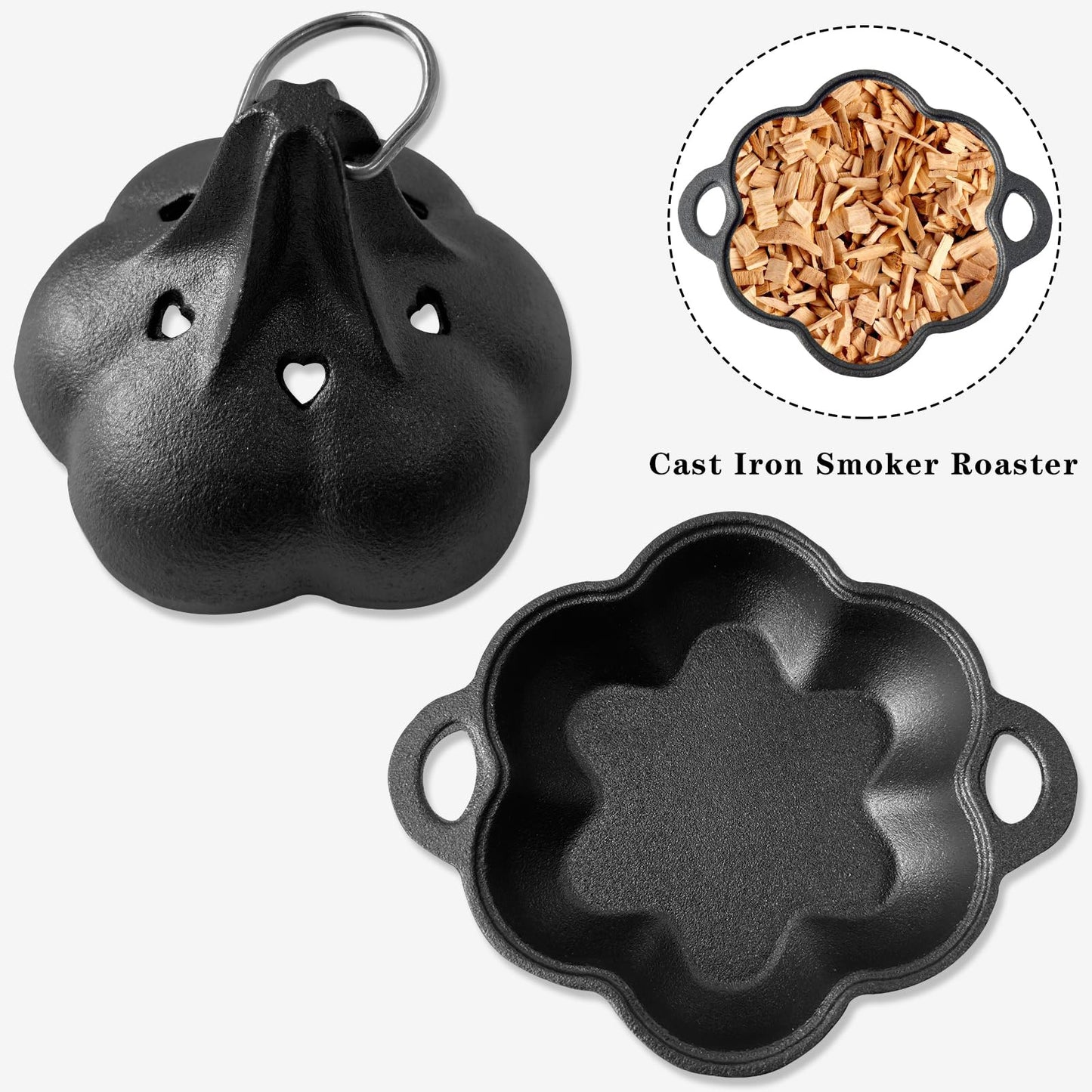 BOLVOUD Cast Iron Smoker Roaster & Garlic Roster Baker, Smoker Box, Pre-Seasoned Cast Iron Garlic Roaster for Grill, Perfect for BBQ and Oven, for Smoky, Flavorful Vegetables, Meats or Wood Chips