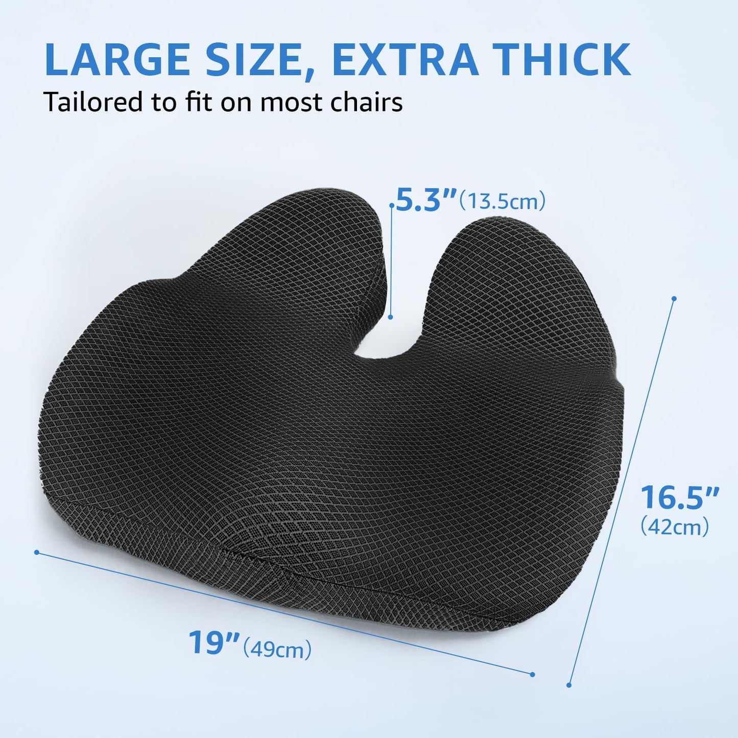 Comfortable Seat Cushions for Office Chairs, Coccyx Cushion for Tailbone Pain Relief - 19" W x 17" Extra Large Ergonomic Memory Foam Chair Seat Cushion with Removable Cover (Black and Extra Cover)