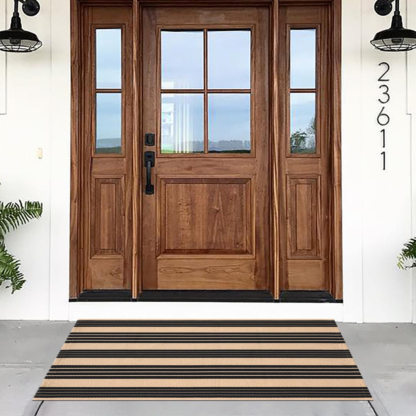 Fallovea Black and Tan Striped Rugs, 90×150 cm Area Rug Outdoor Indoor Front Porch Doormat Cotton Hand-Woven Layered Door Mats for Entryway Patio Entryway Laundry Bedroom Living Room