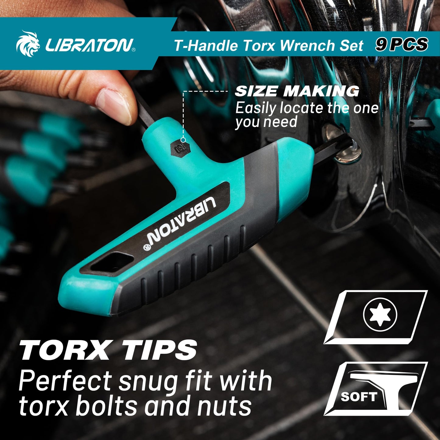 LIBRATON 9PCS T Handle Torx Wrench Set, T10-T50, T-Handle, Two-tip Design, Suitable for Torx Screws, Auto Bike Repair Tool, with Storage Rack