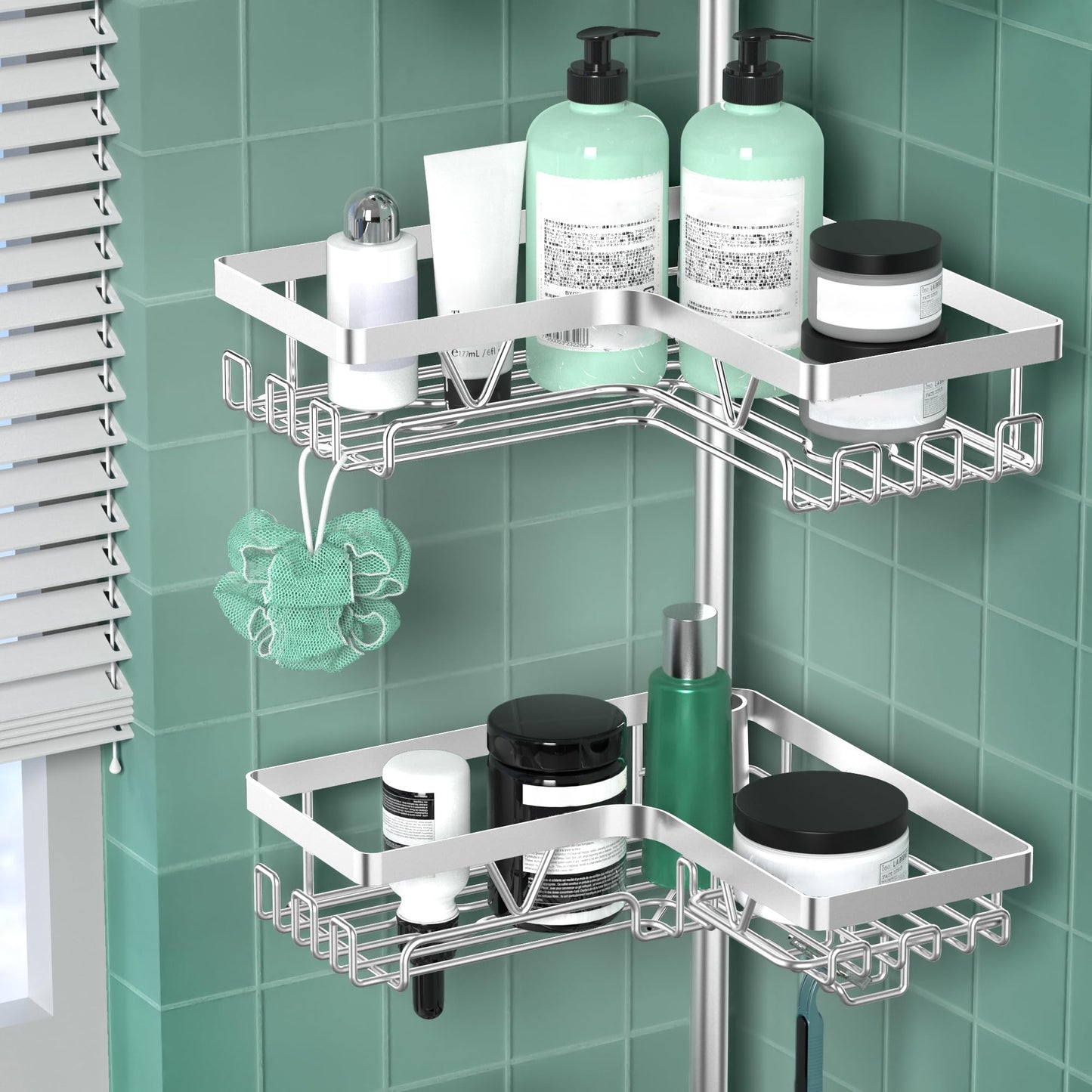 DAOYA Shower Caddy Tension Pole - Corner Shower Caddy with Soap Holder Bathroom Organizer for Tub (Stainless Steel, Silver, Floor to Ceiling 25-114.2 inch)