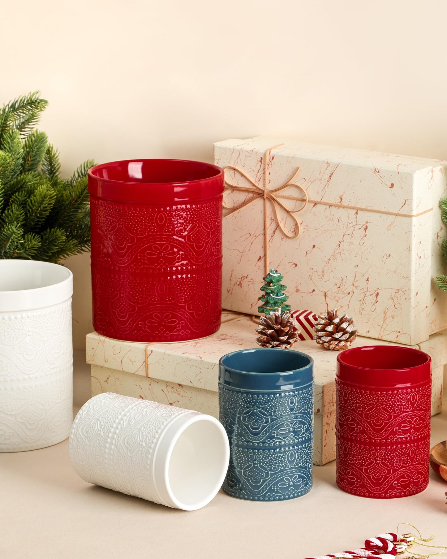 FUN ELEMENTS Kitchen Utensil Holder, 7.2+5.5" Super Large Utensil Crock Heavy and Stable Lace Emboss Ceramic Utensil Holder for Kitchen Counter (2Pcs Christmas Red)