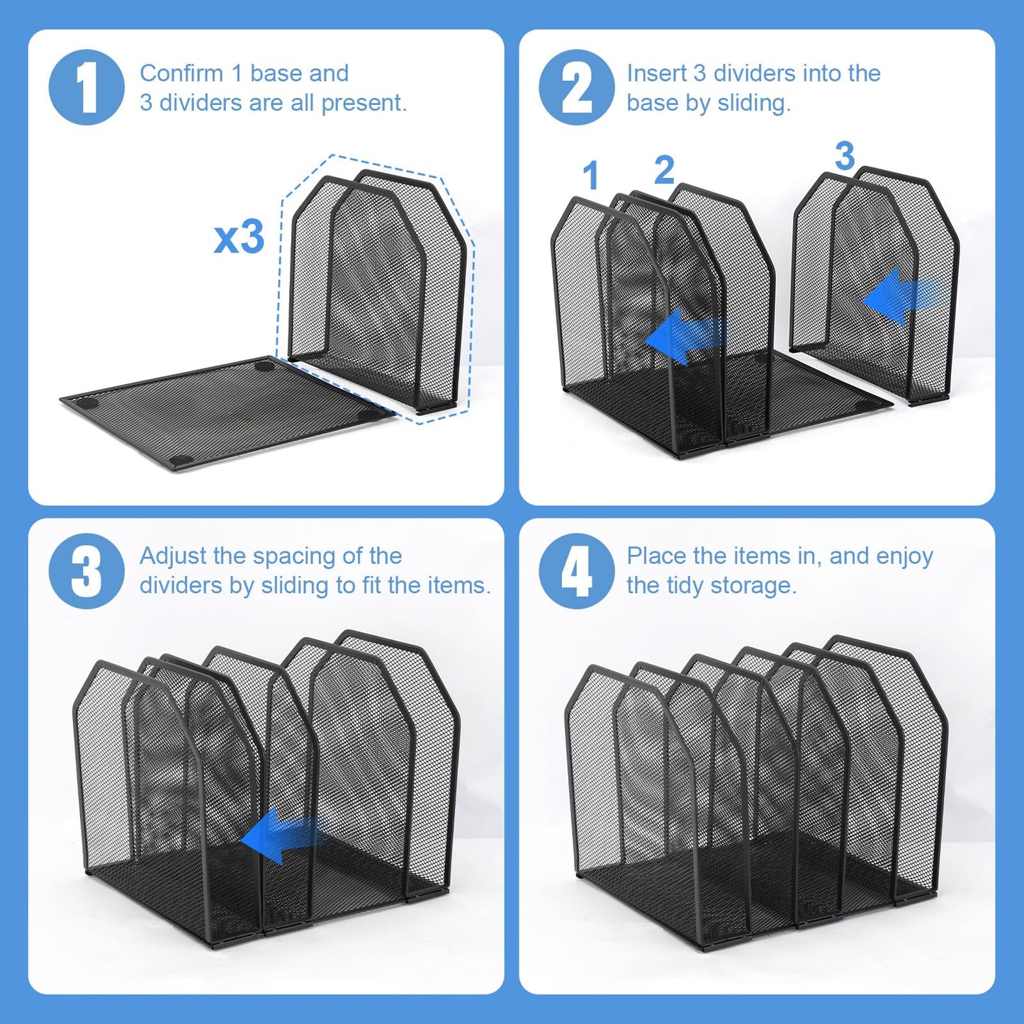 RUITENG 2 Pack Mesh File Sorter Organizer for Desktop, 5-Section Black Metal Vertical Desk File Organizer, Adjustable Upright Bookshelf File Holder Stand for Office Home Classroom Documents Books